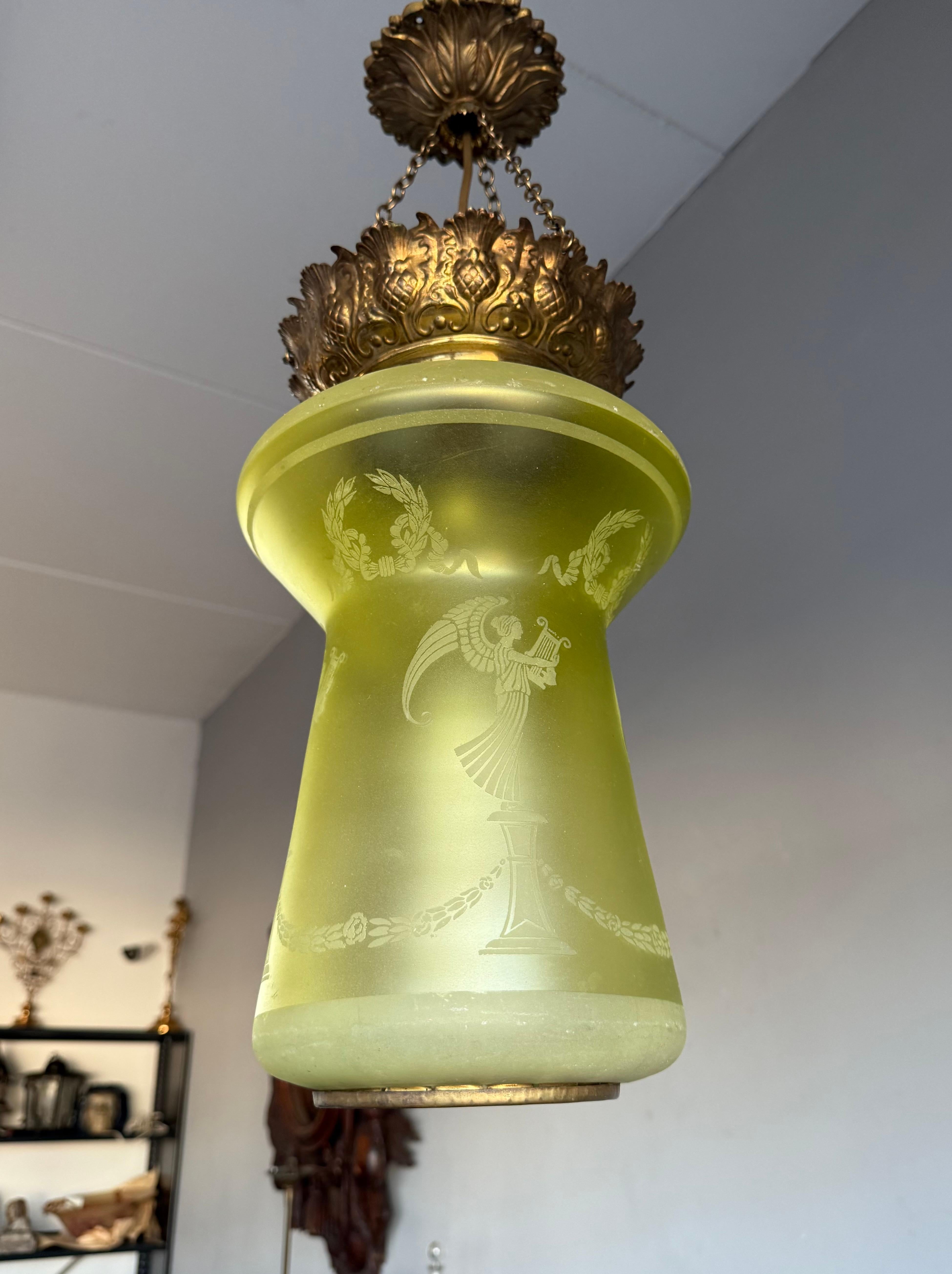 Antique Victorian era Graved Glass & Brass Stairwell or Hallway Pendant Light For Sale 6
