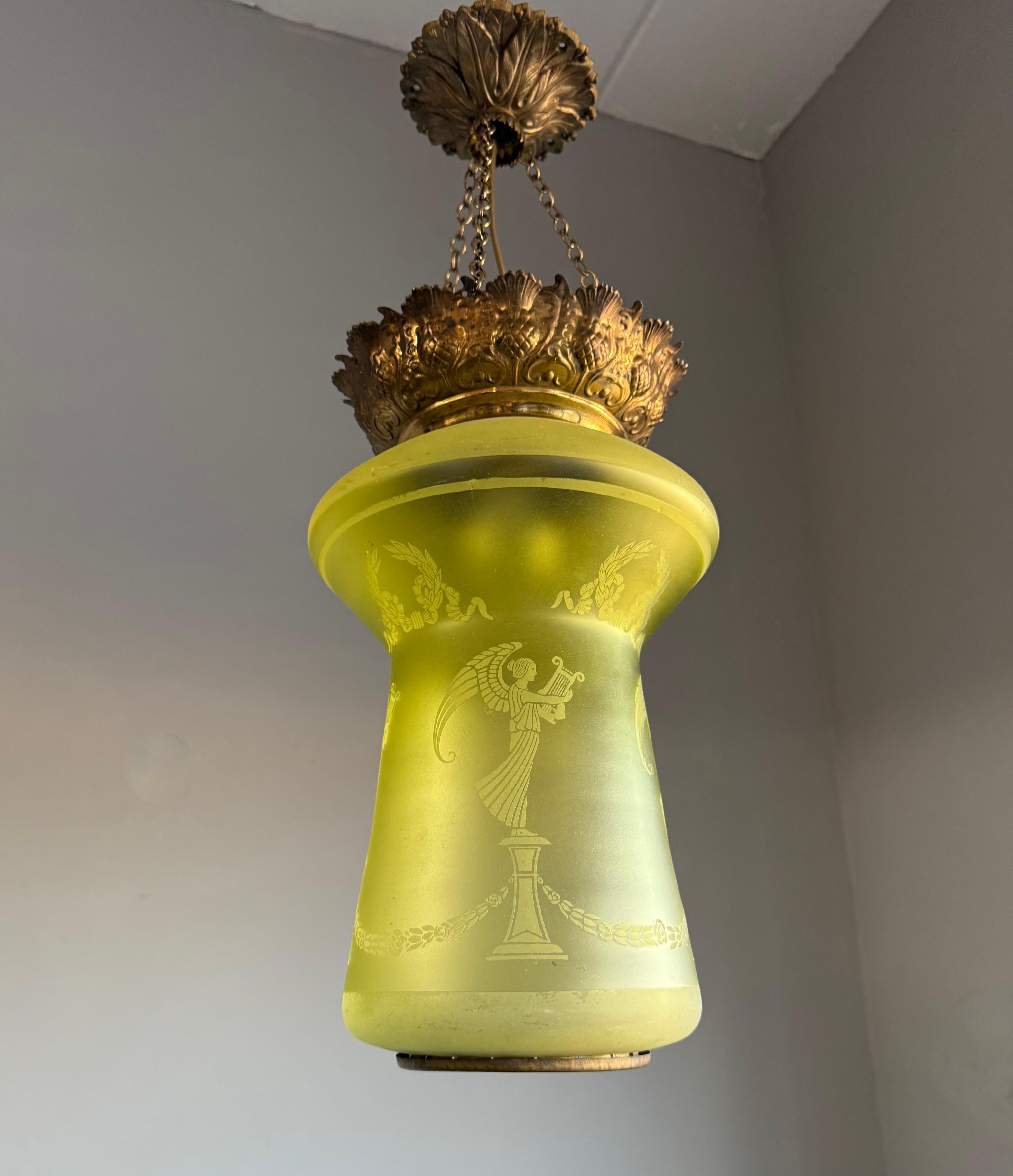 Antique Victorian era Graved Glass & Brass Stairwell or Hallway Pendant Light For Sale 7