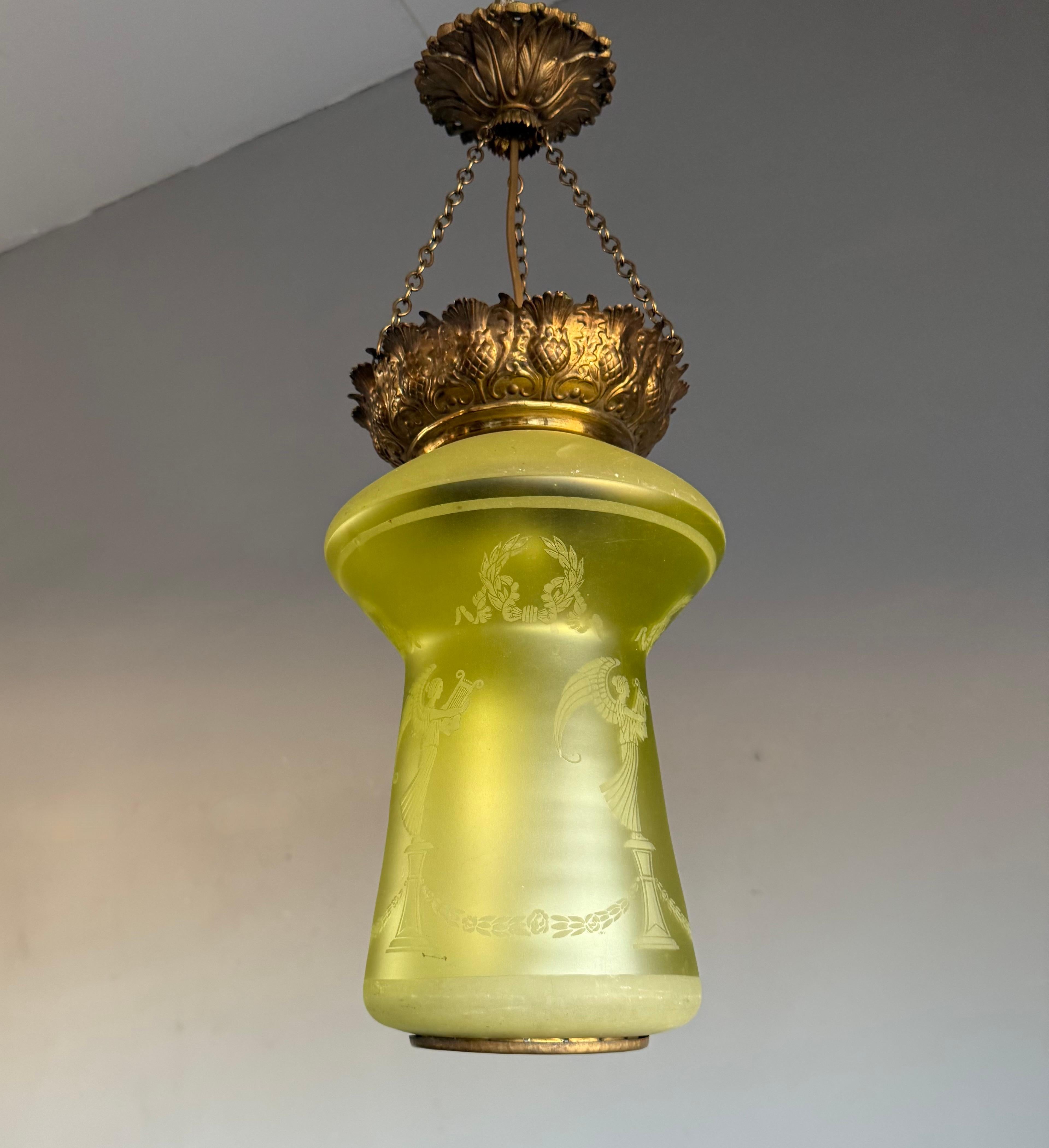 Stunning and stylish Victorian period green glass lantern or ceiling lamp.

This all handcrafted, practical size and great looking ceiling lamp is another one of our recent great finds. With early 20th century lighting as one of our specialities, we