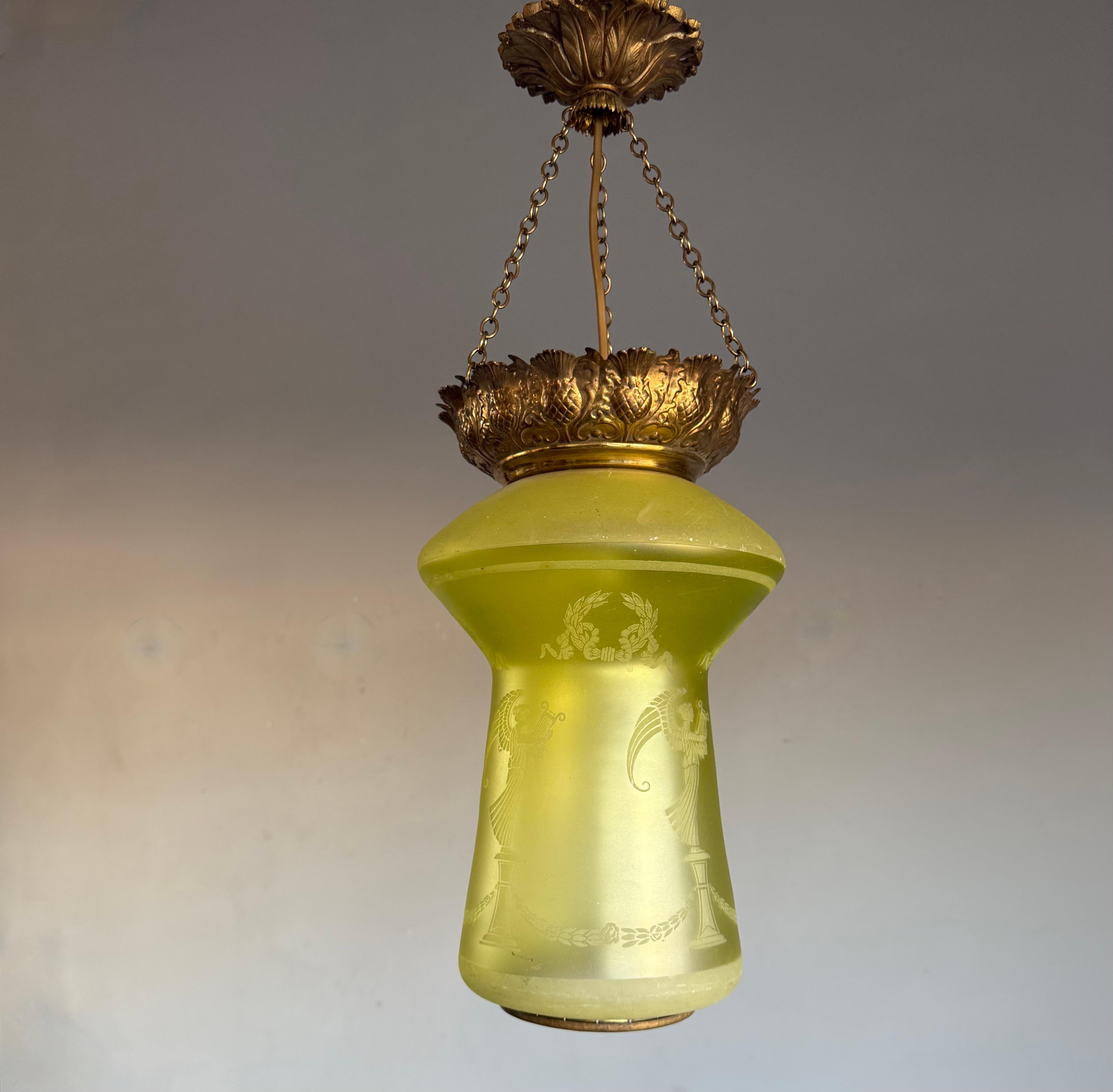 European Antique Victorian era Graved Glass & Brass Stairwell or Hallway Pendant Light For Sale