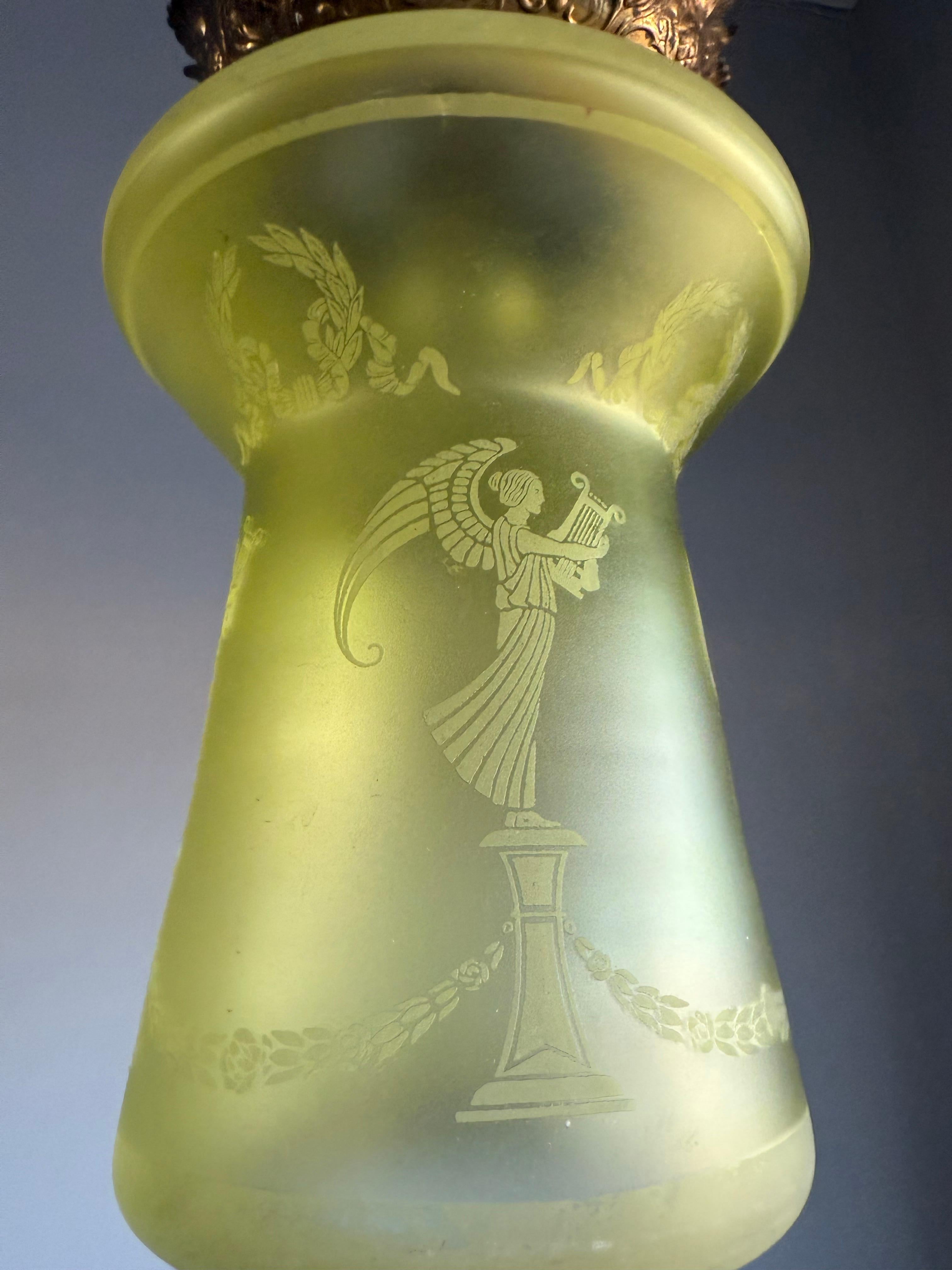 Late 19th Century Antique Victorian era Graved Glass & Brass Stairwell or Hallway Pendant Light For Sale
