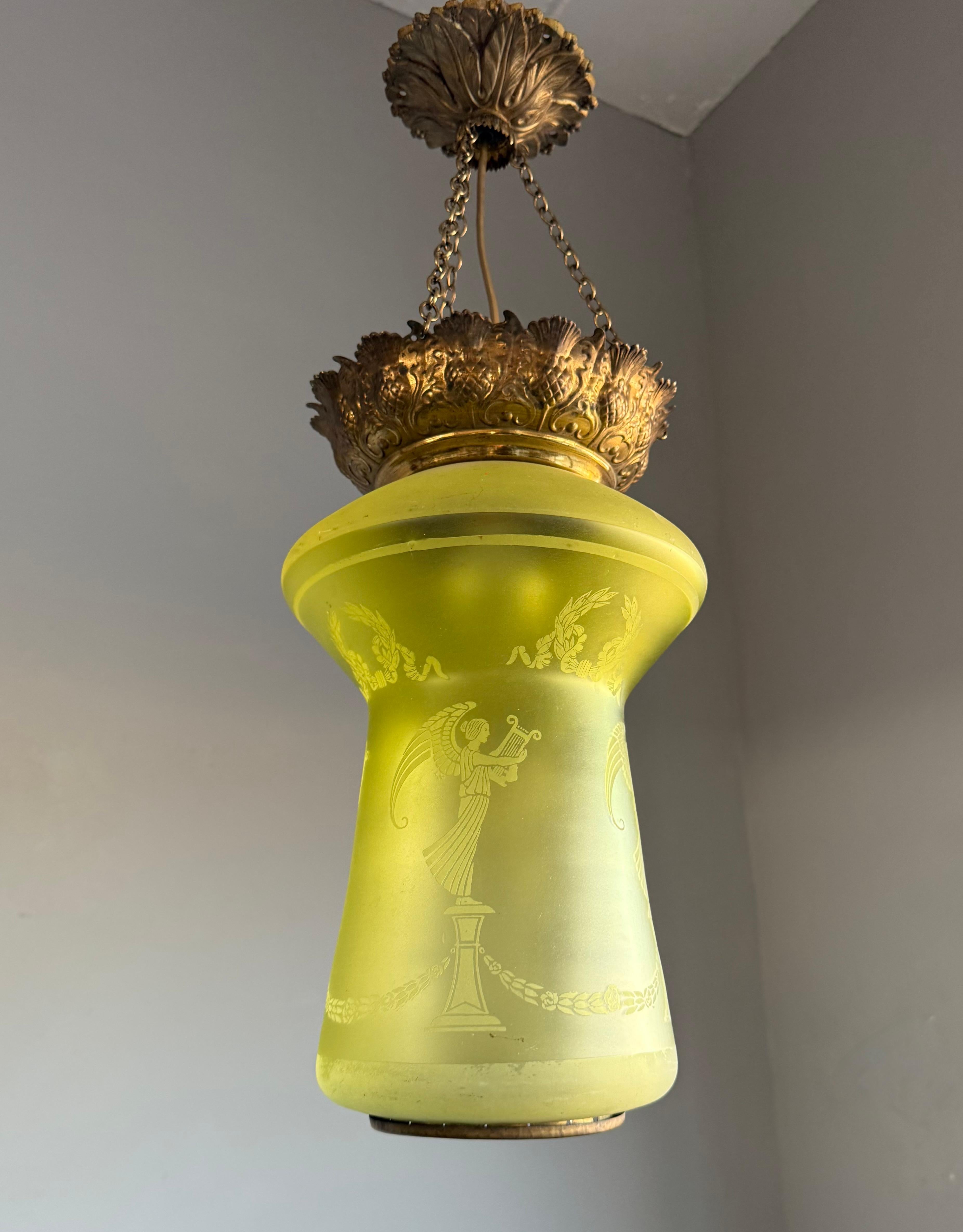 Antique Victorian era Graved Glass & Brass Stairwell or Hallway Pendant Light For Sale 3
