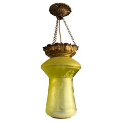 Antique Victorian era Graved Glass & Brass Stairwell or Hallway Pendant Light