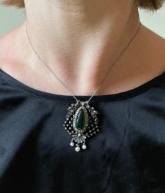 Antique Victorian Era Green Tourmaline Pearl and Diamond Gold Silver Pendant