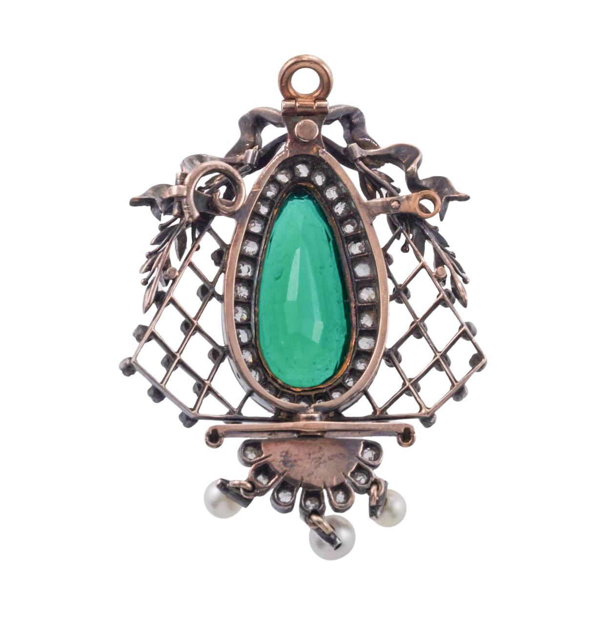 Rose Cut Antique Victorian Era Green Tourmaline Pearl and Diamond Gold Silver Pendant For Sale