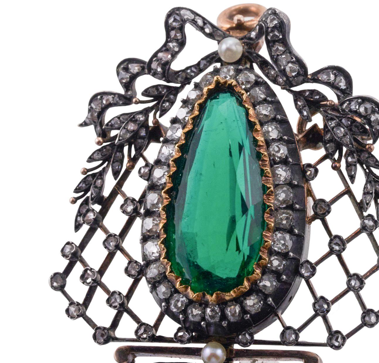 Antique Victorian Era Green Tourmaline Pearl and Diamond Gold Silver Pendant In Excellent Condition For Sale In New York, NY