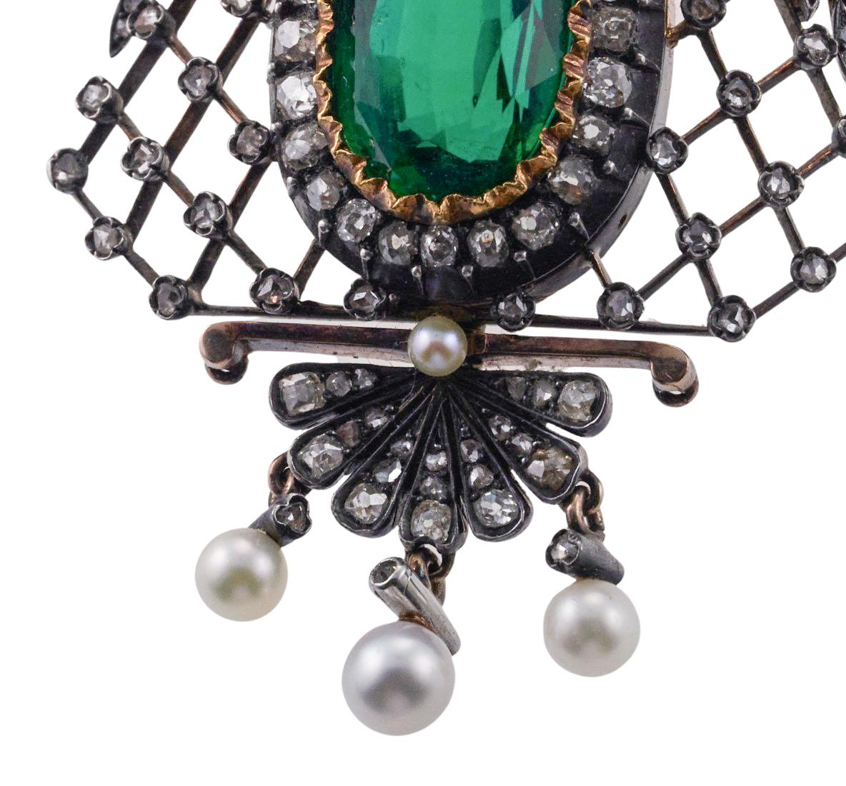 Women's Antique Victorian Era Green Tourmaline Pearl and Diamond Gold Silver Pendant For Sale