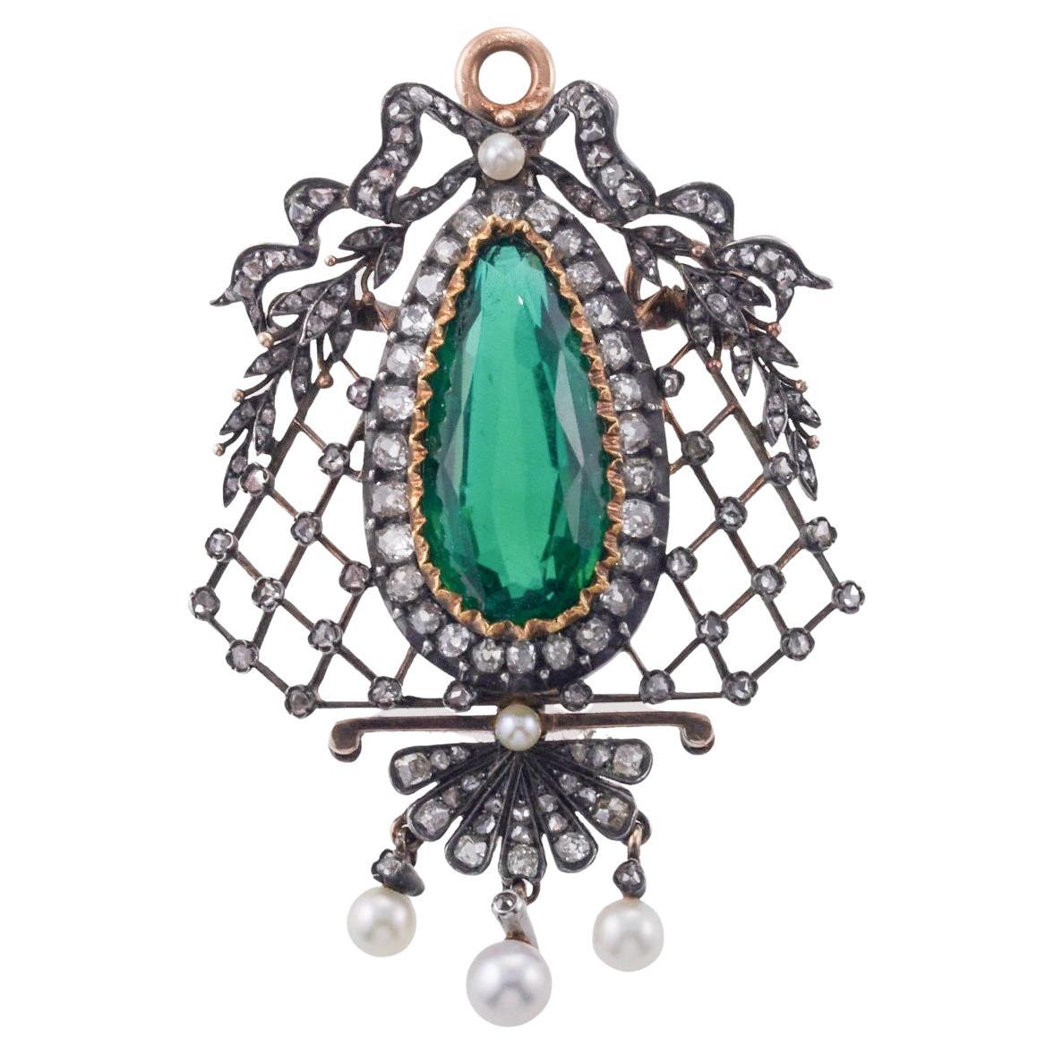 Antique Victorian Era Green Tourmaline Pearl and Diamond Gold Silver Pendant For Sale
