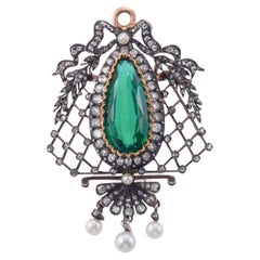 Antique Victorian Era Green Tourmaline Pearl and Diamond Gold Silver Pendant