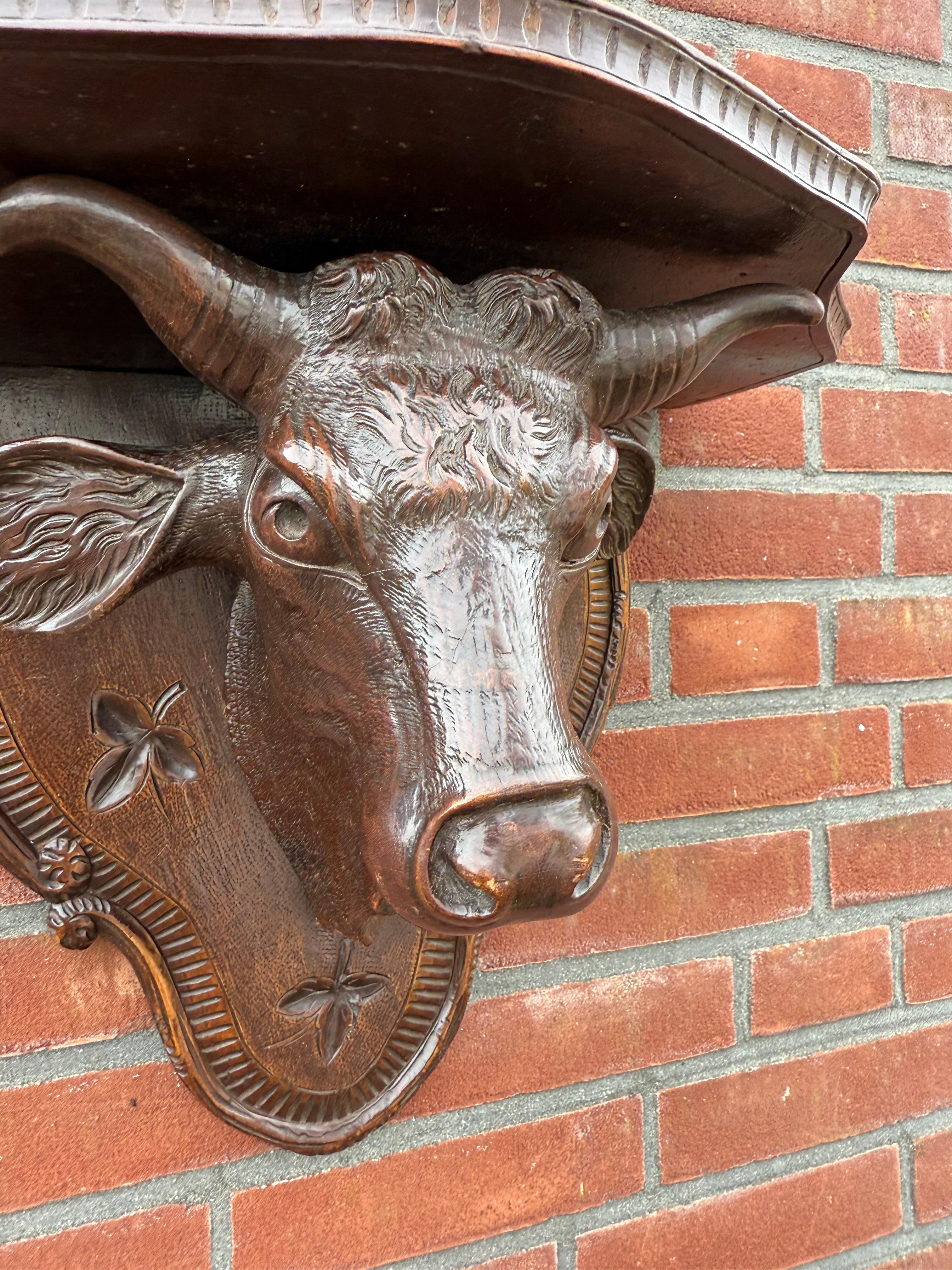 Antique Victorian era Hand Carved Black Forest Bull Sculpture Wall Bracket For Sale 6
