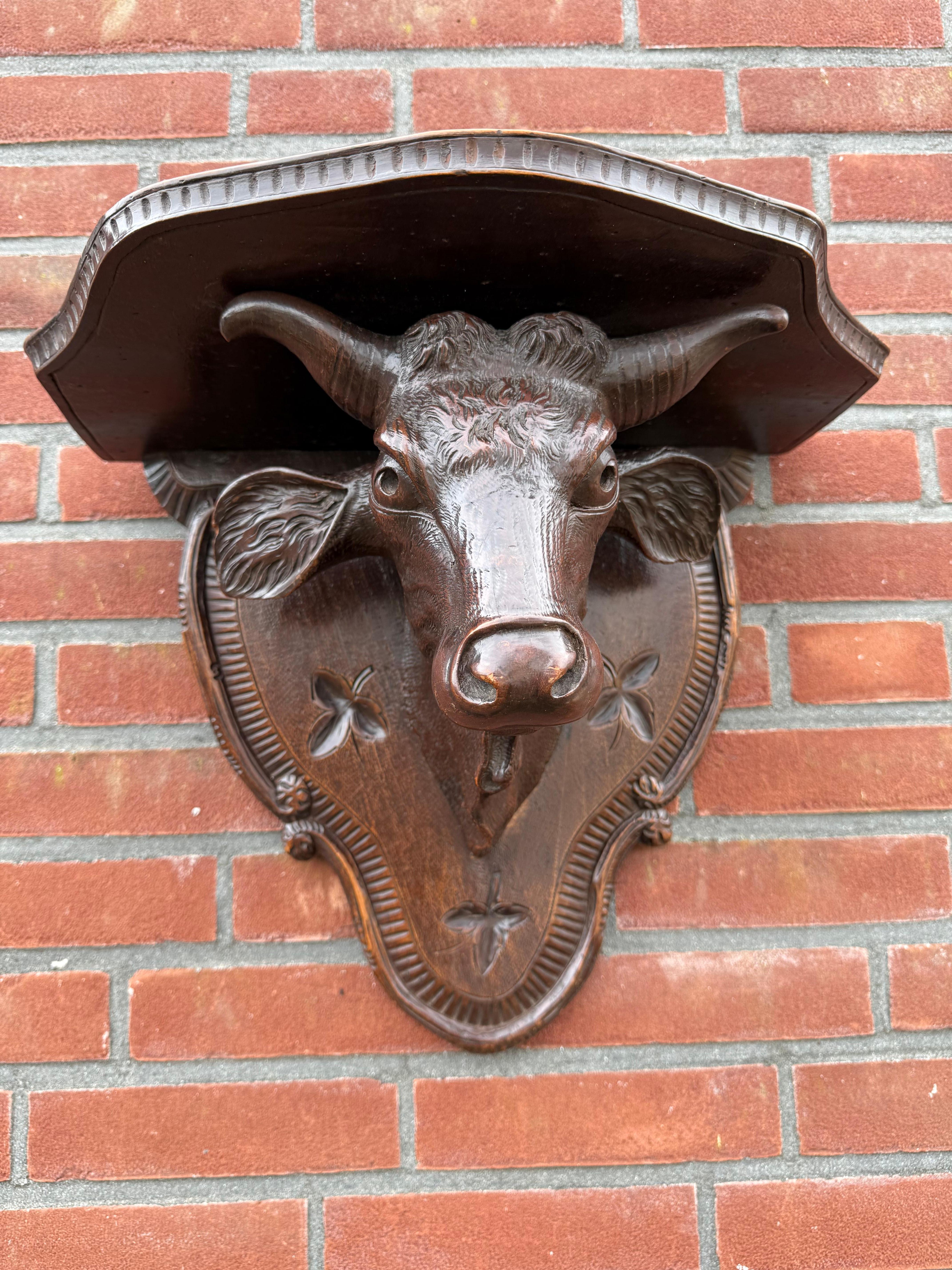 Antique Victorian era Hand Carved Black Forest Bull Sculpture Wall Bracket For Sale 7