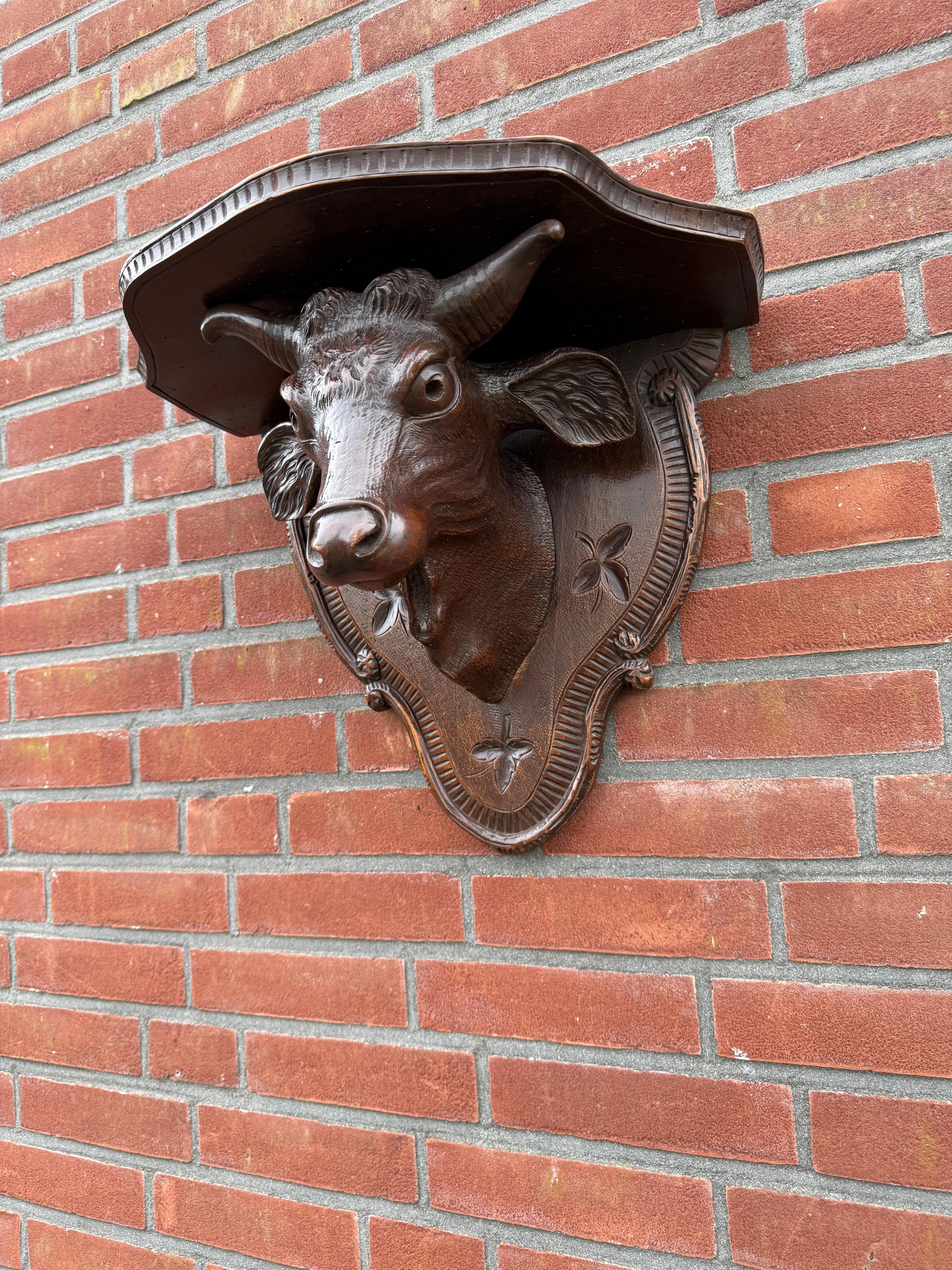 Antique Victorian era Hand Carved Black Forest Bull Sculpture Wall Bracket For Sale 9