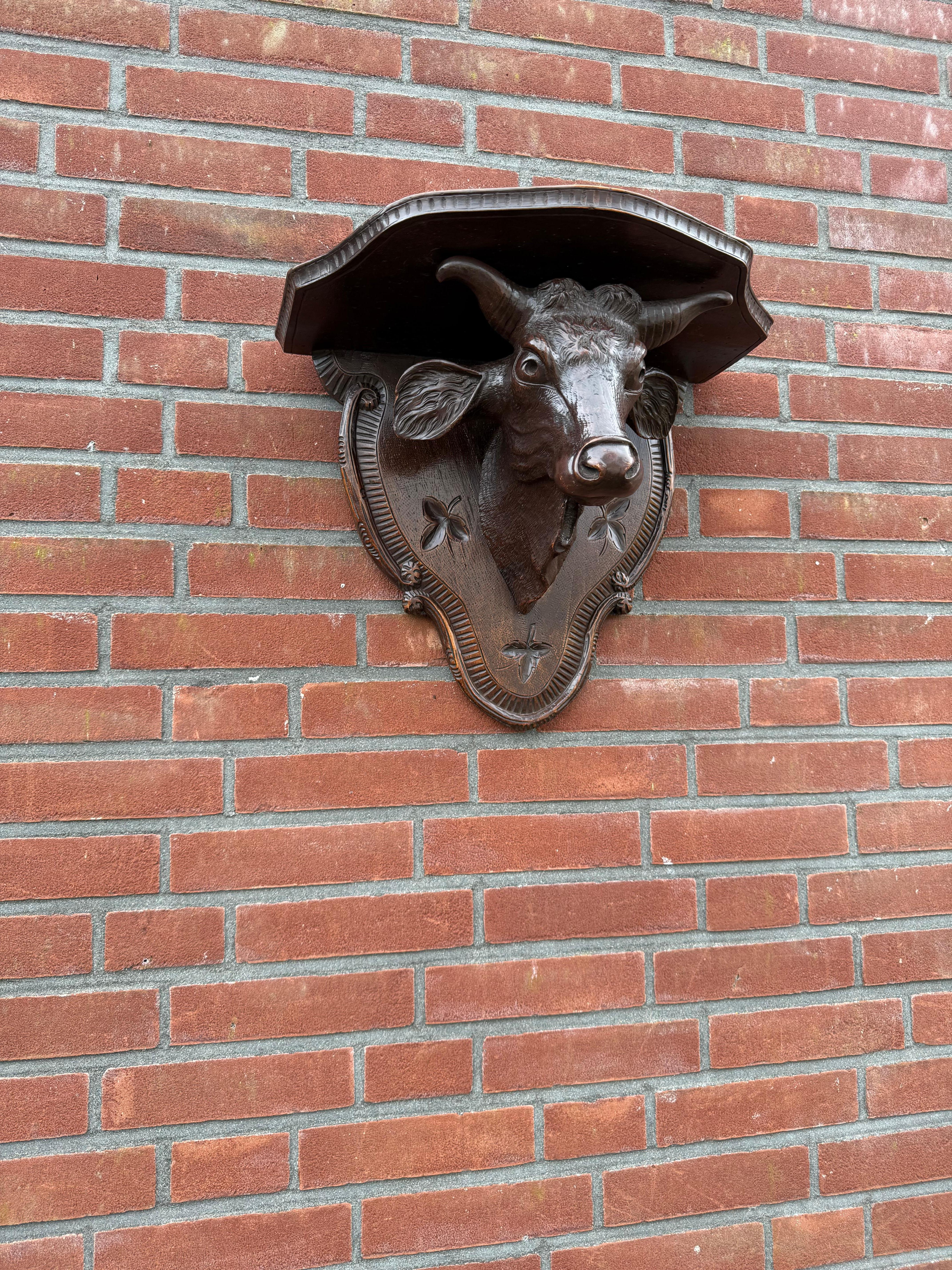 European Antique Victorian era Hand Carved Black Forest Bull Sculpture Wall Bracket For Sale