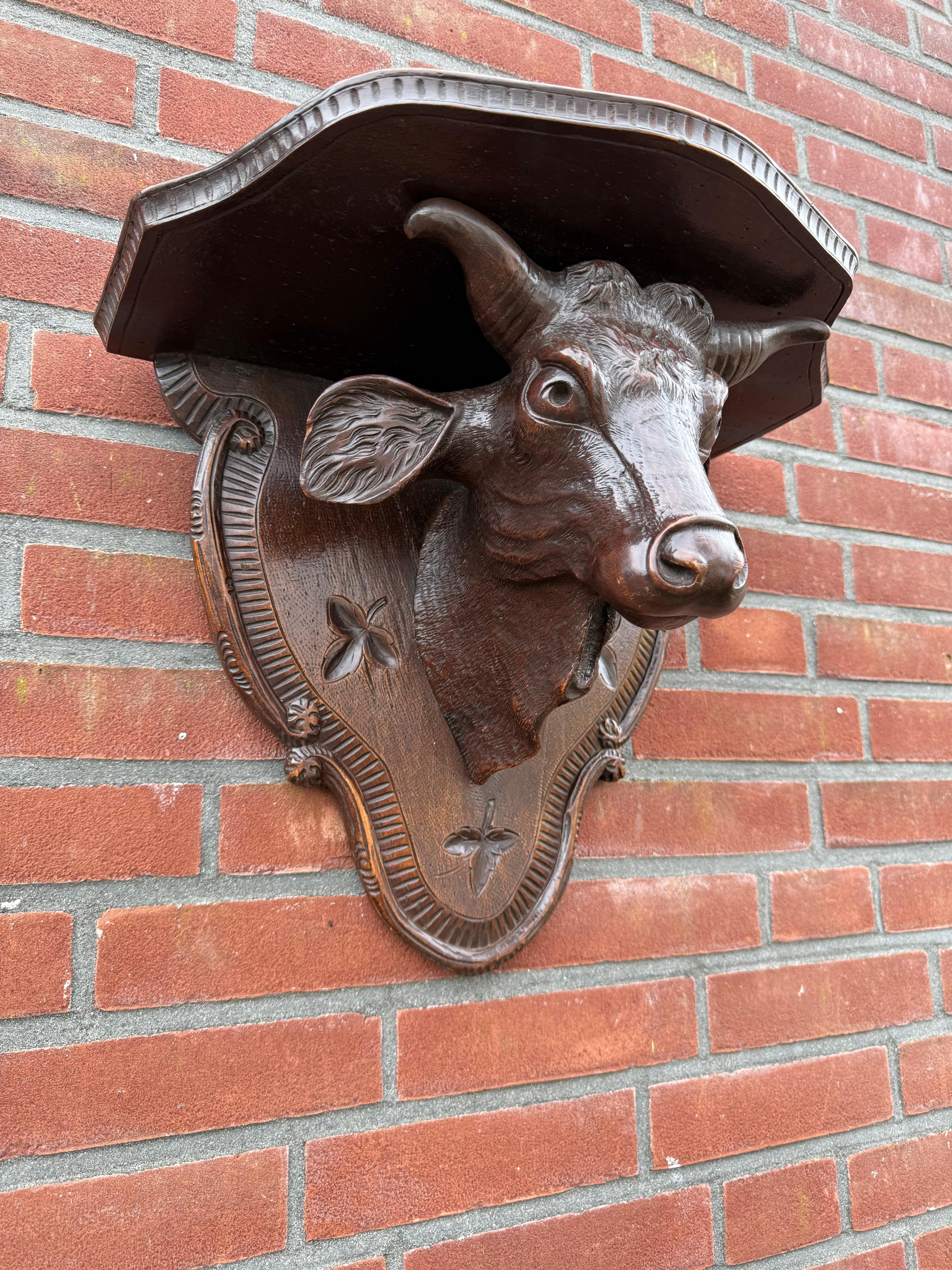 Patinated Antique Victorian era Hand Carved Black Forest Bull Sculpture Wall Bracket For Sale