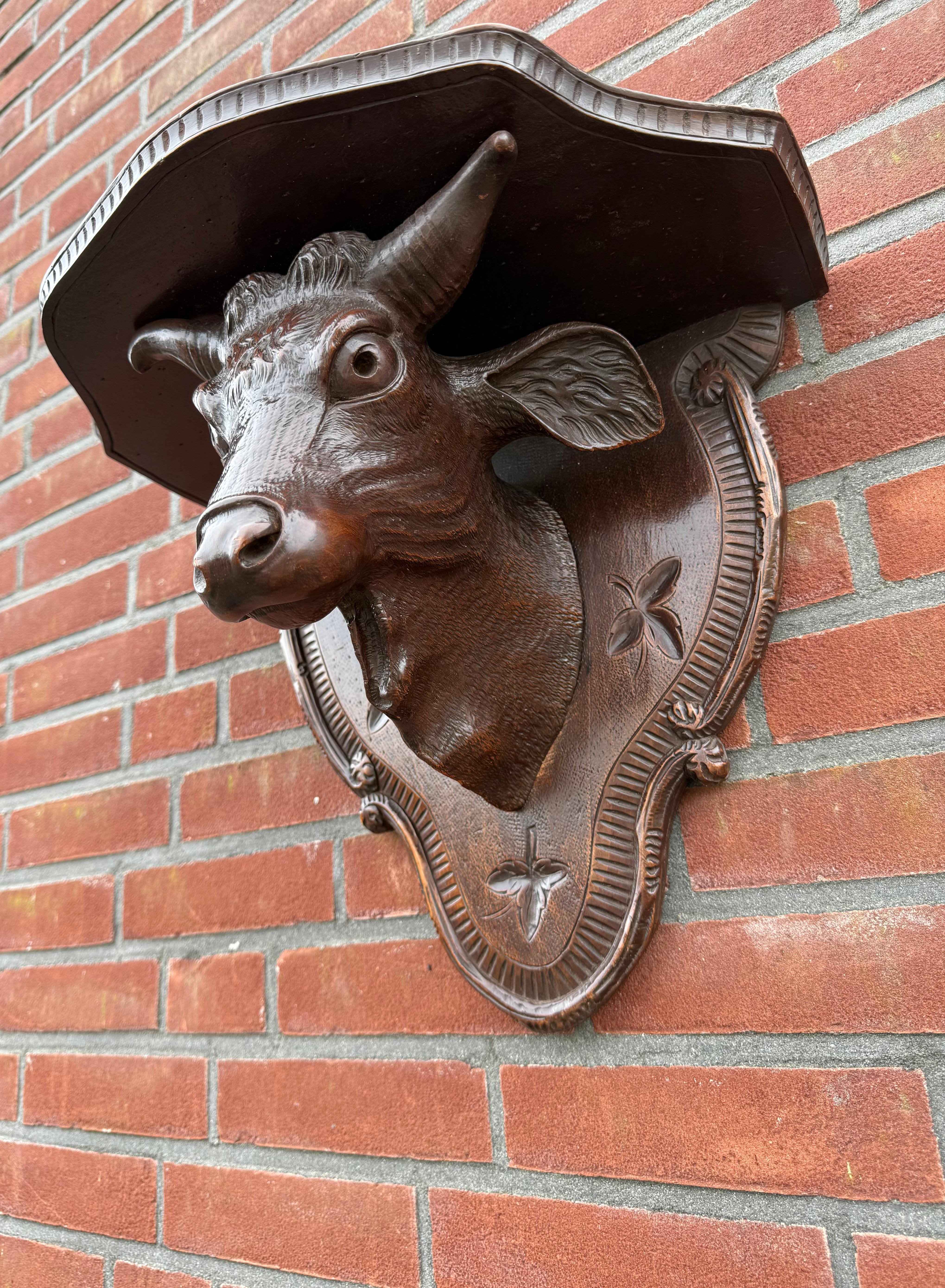 19th Century Antique Victorian era Hand Carved Black Forest Bull Sculpture Wall Bracket For Sale