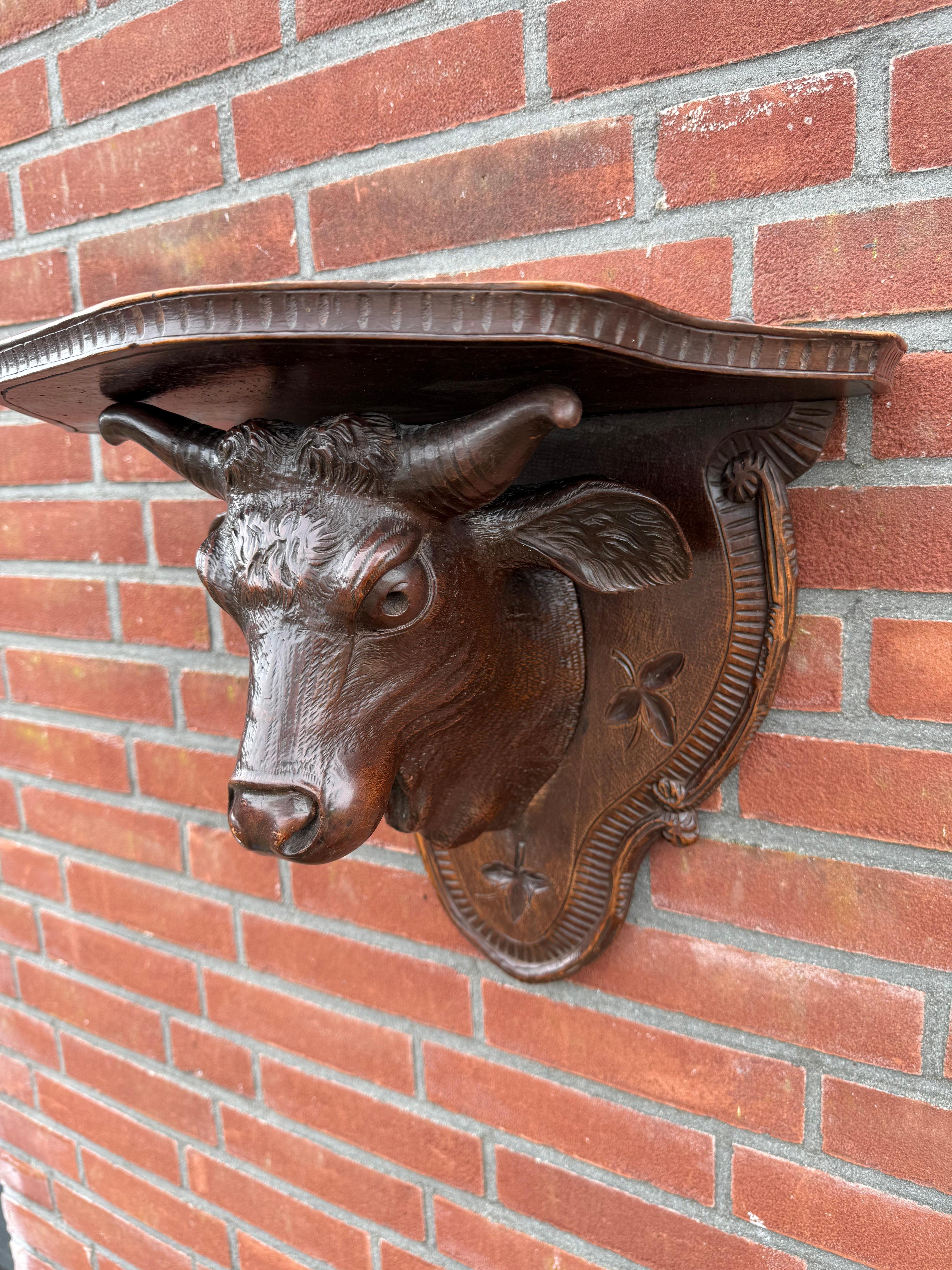 Wood Antique Victorian era Hand Carved Black Forest Bull Sculpture Wall Bracket For Sale