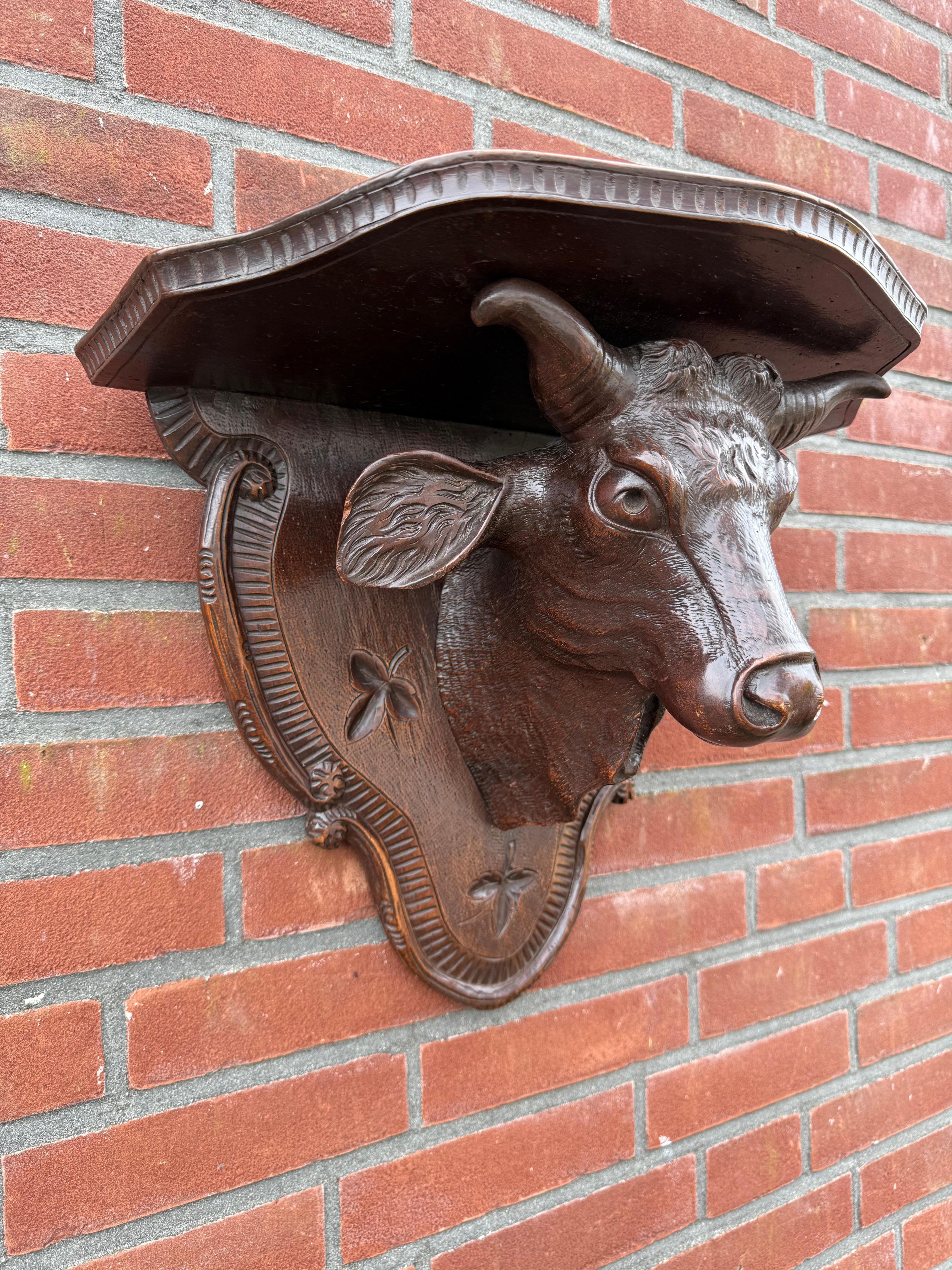 Antique Victorian era Hand Carved Black Forest Bull Sculpture Wall Bracket For Sale 2