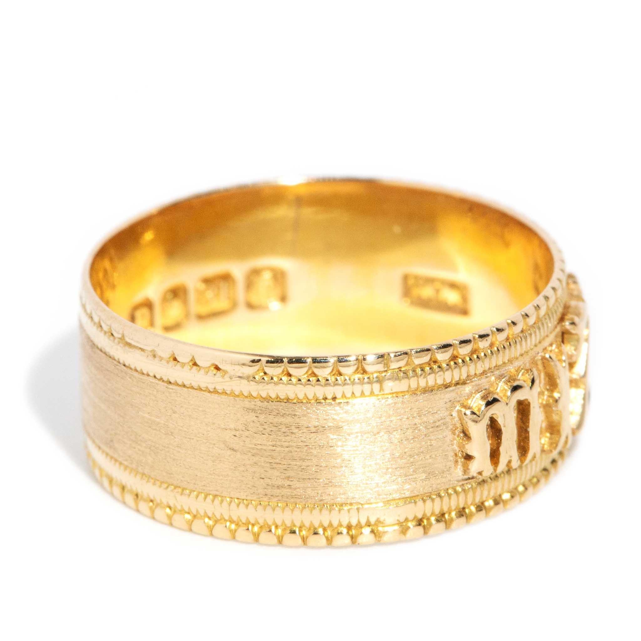 Women's Antique Victorian Era Milgrained Watchtower Mizpah Ring 18 Carat Yellow Gold For Sale