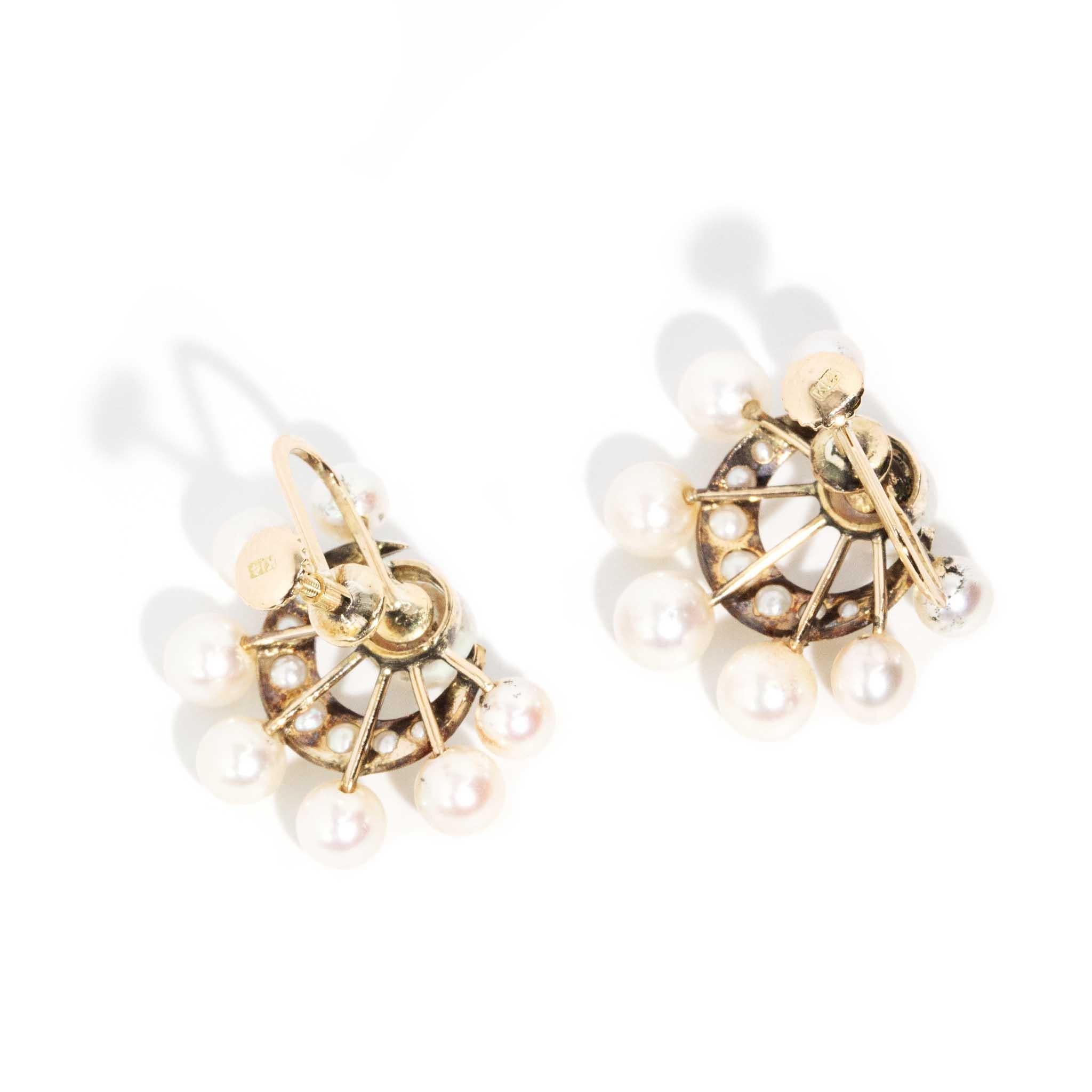 Round Cut Antique Victorian Era Pearl & Seed Pearl Moon Cluster Earrings 14 Carat Gold For Sale