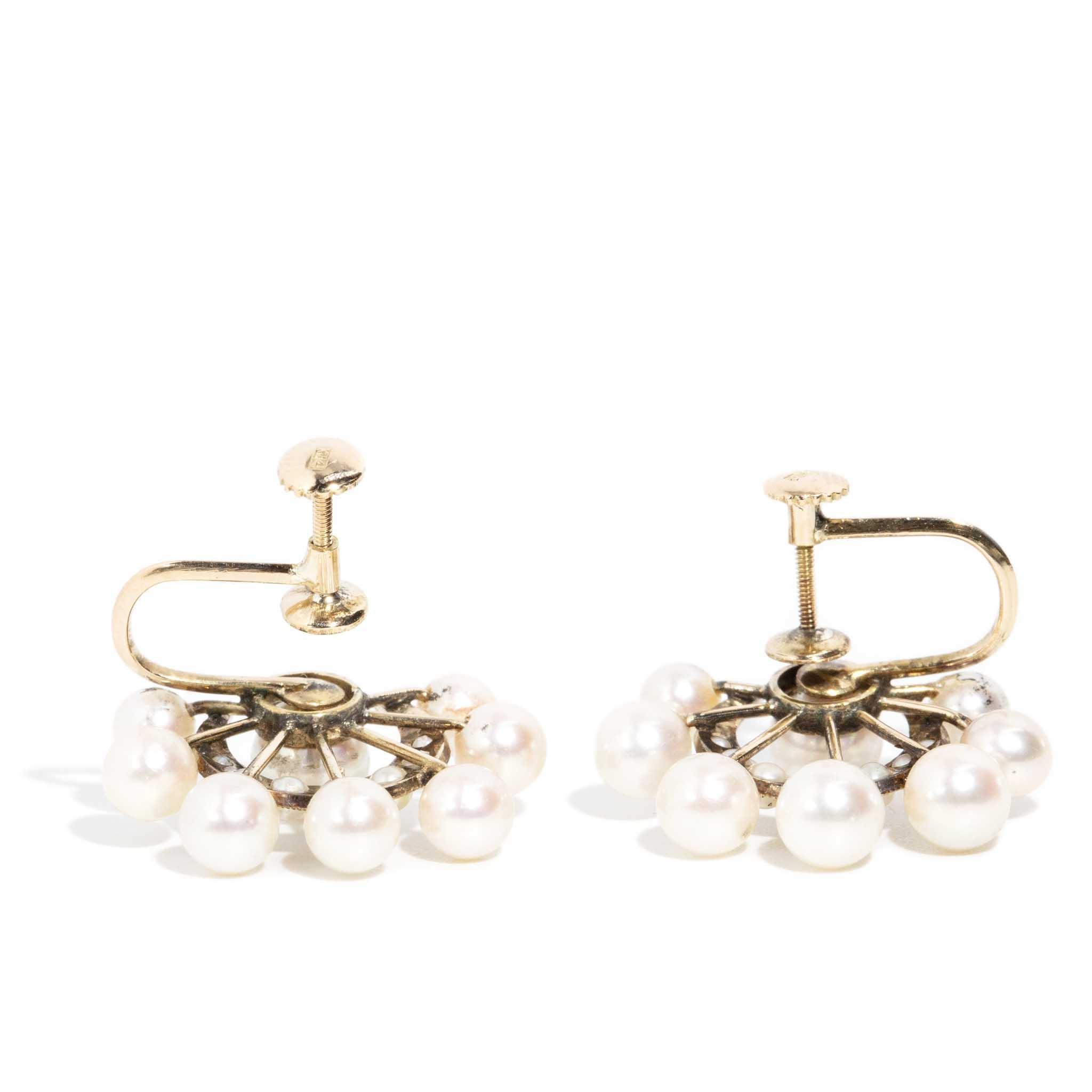 Antique Victorian Era Pearl & Seed Pearl Moon Cluster Earrings 14 Carat Gold In Good Condition For Sale In Hamilton, AU