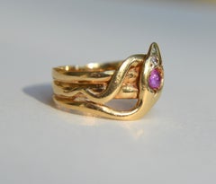 Antique Victorian Era Pink Sapphire Diamond 14 Karat Gold Snake Ring