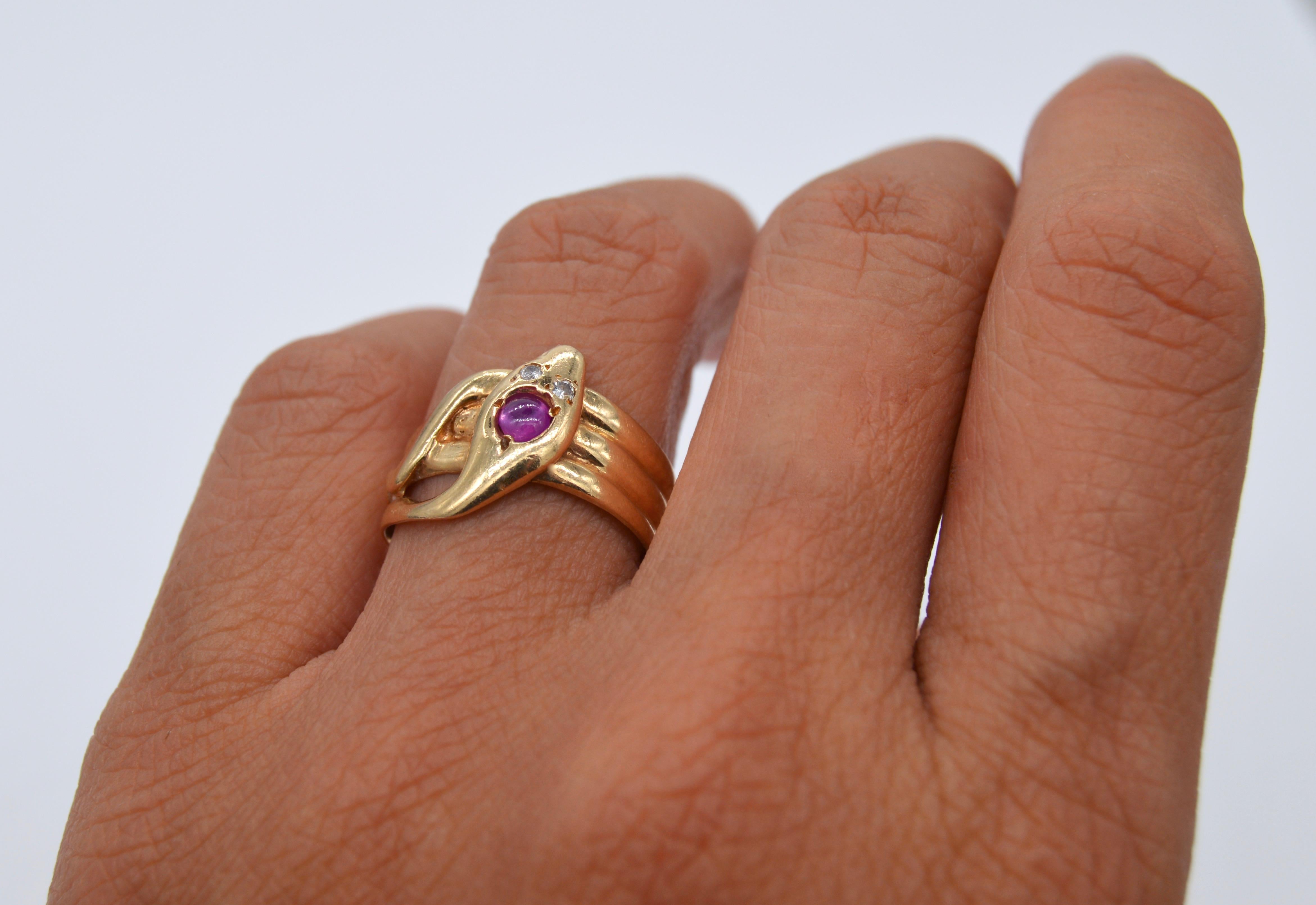 Antique Victorian Era Pink Sapphire Diamond 14 Karat Gold Snake Ring For Sale 1