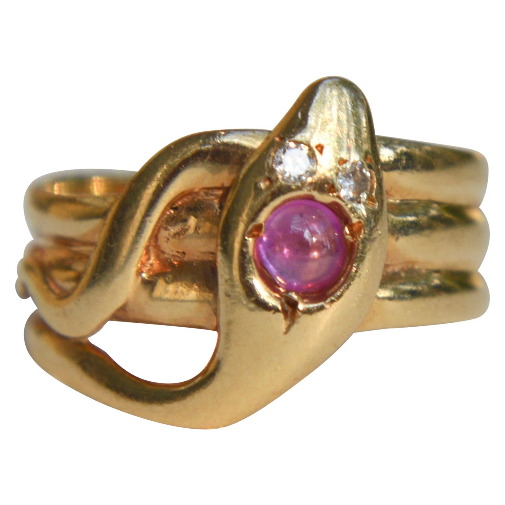 Antique Victorian Era Pink Sapphire Diamond 14 Karat Gold Snake Ring For Sale