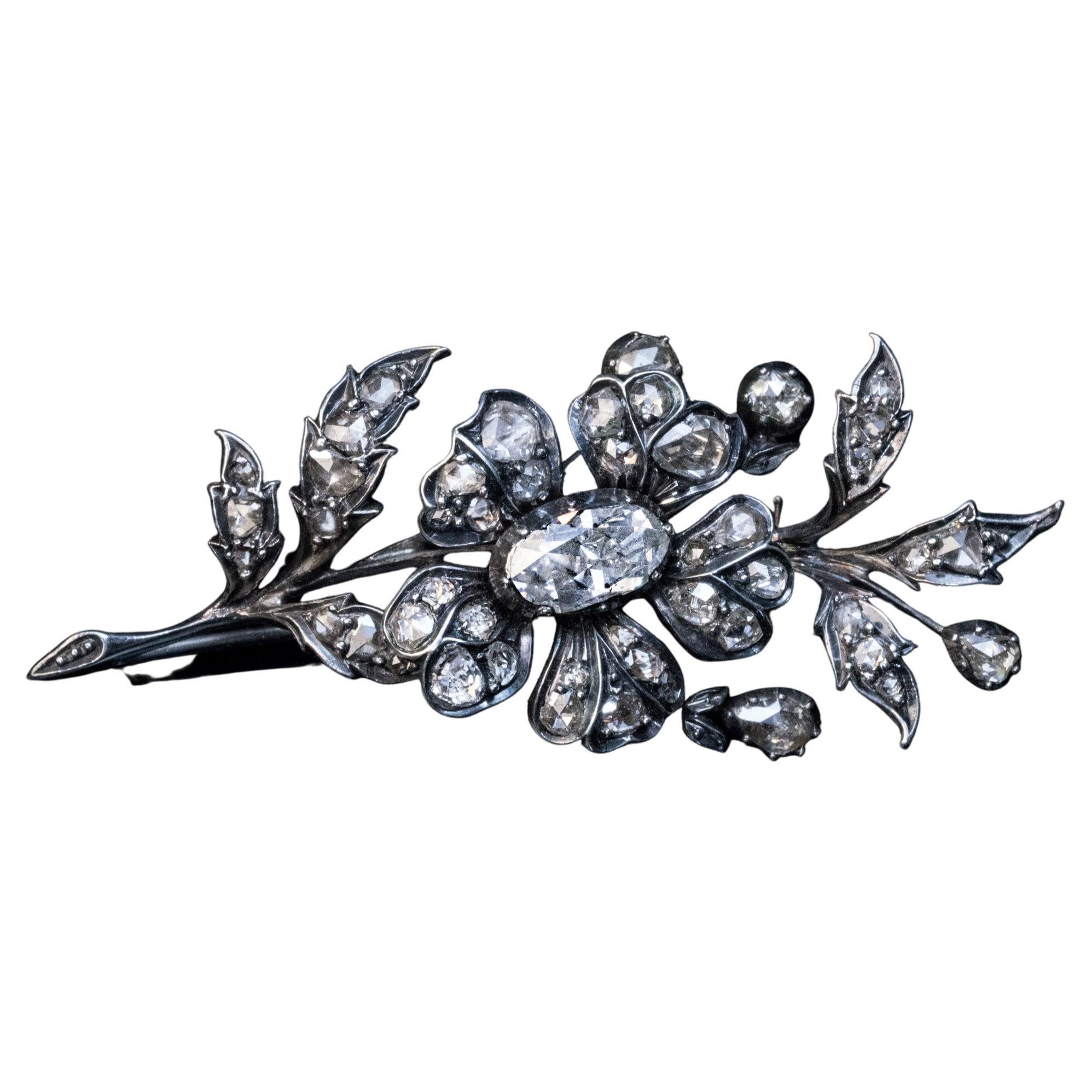 Antique Victorian Era Rose Cut Diamond Floral Brooch For Sale