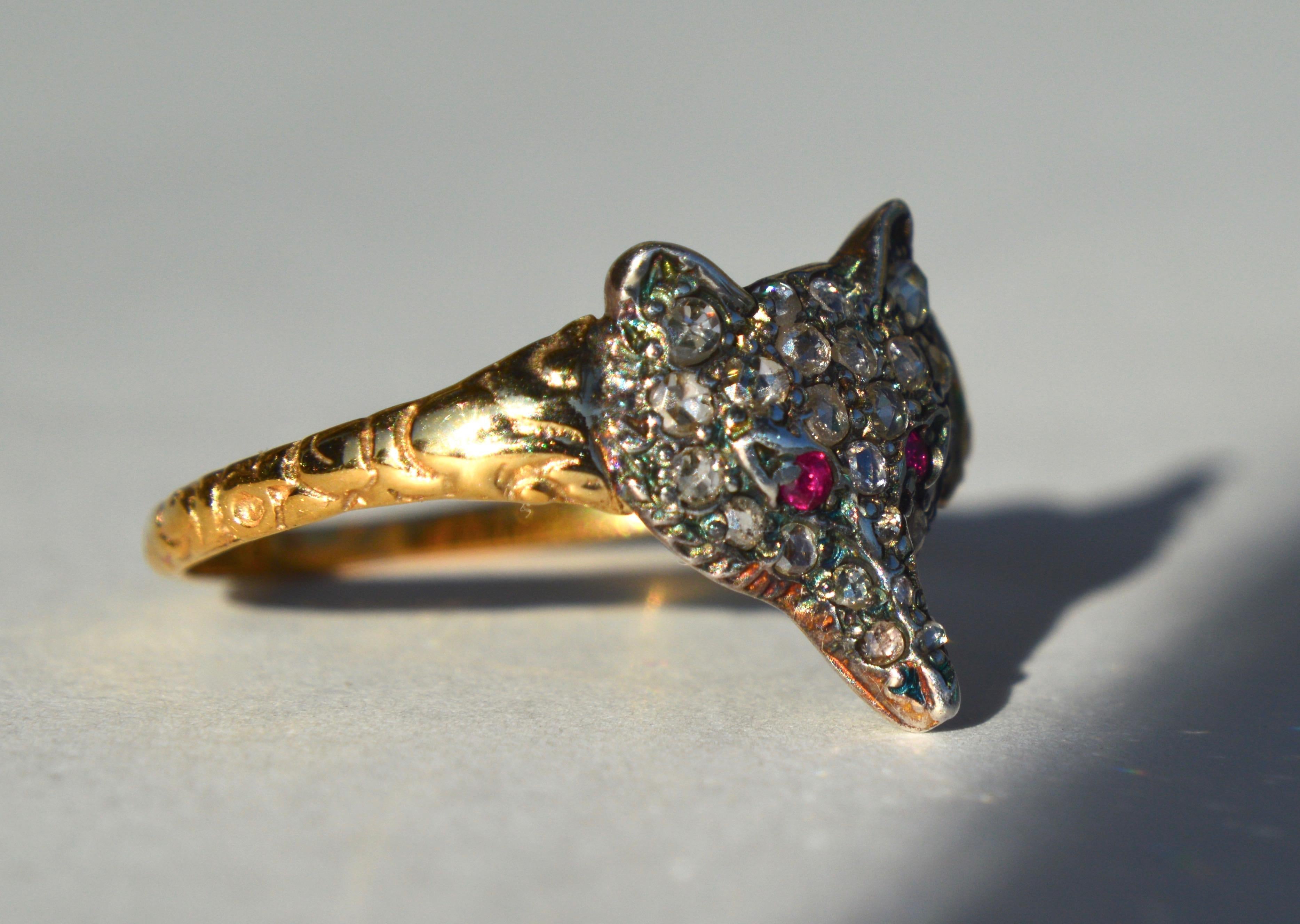 Gorgeous English origin Victorian era late 1800s 15K yellow gold with sparkling rosecut diamonds and natural ruby fox ring. Size 8.5, can be resized by a jeweler. Ring is unmarked but has been tested as solid 15K gold. Face of fox measures 12 x 13mm.