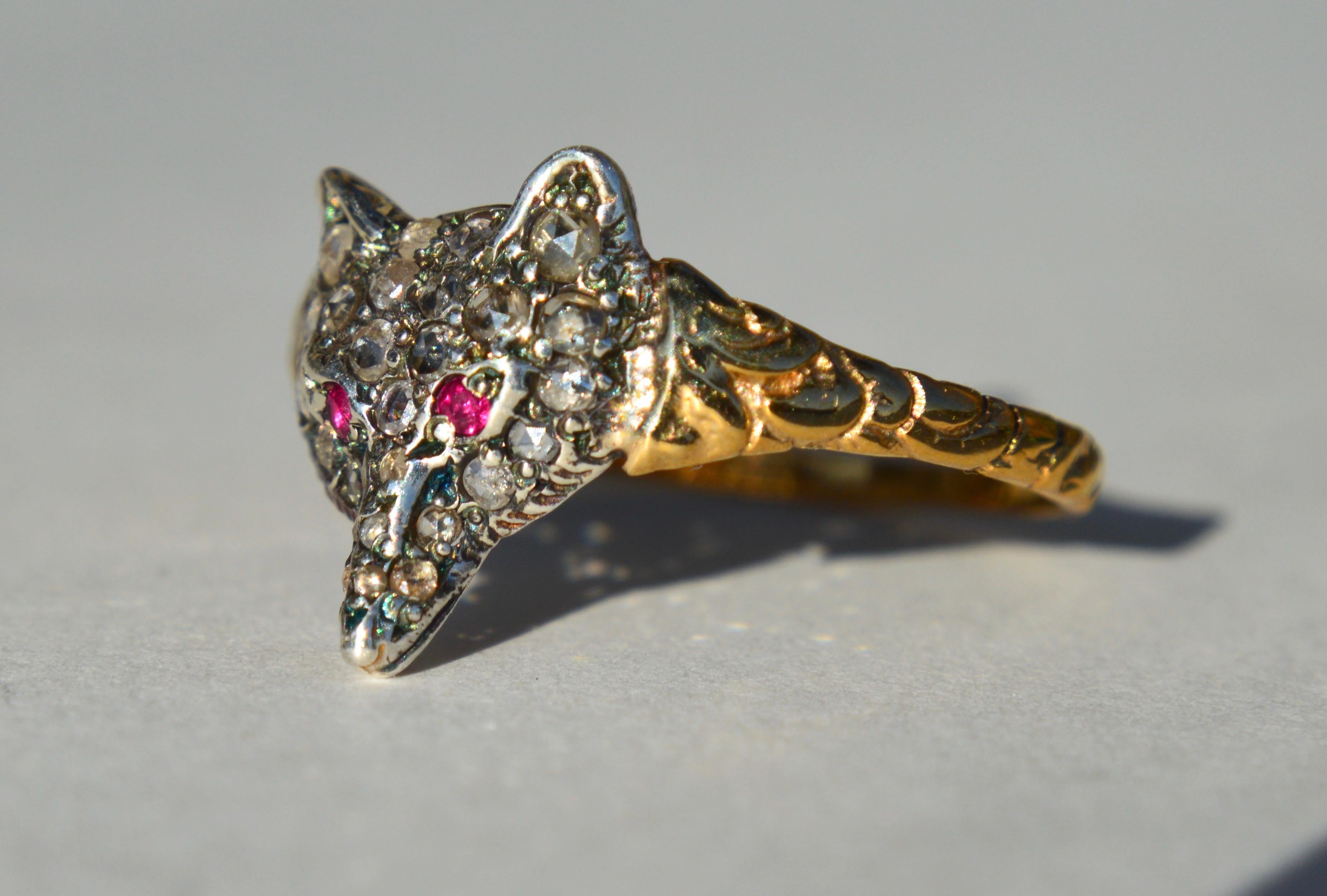 Rose Cut Antique Victorian Era Rosecut Diamond Ruby Fox 15 Karat Gold Ring
