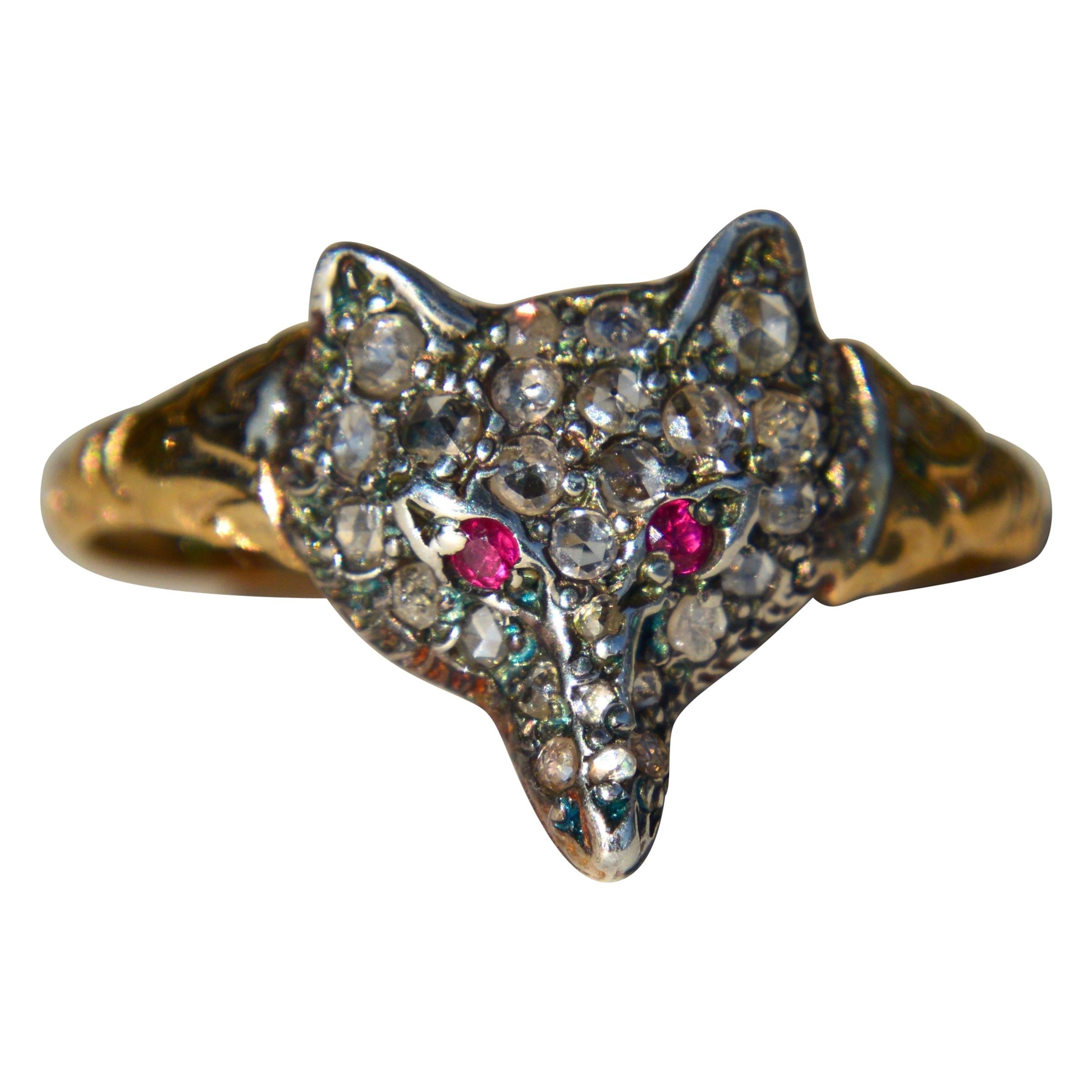 Antique Victorian Era Rosecut Diamond Ruby Fox 15 Karat Gold Ring