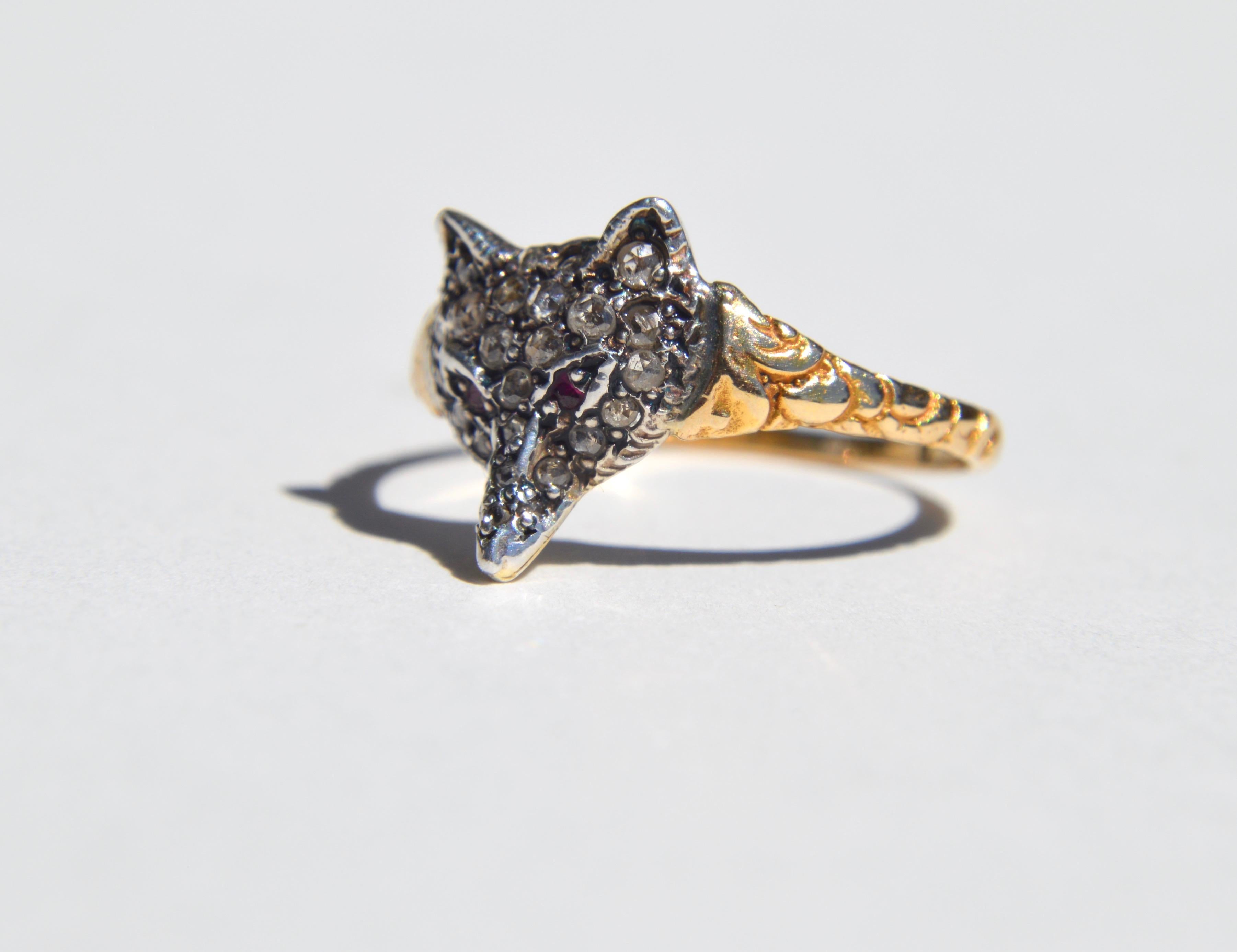 Rose Cut Antique Victorian Era Rosecut Diamond Ruby Fox 18 Karat Gold Ring