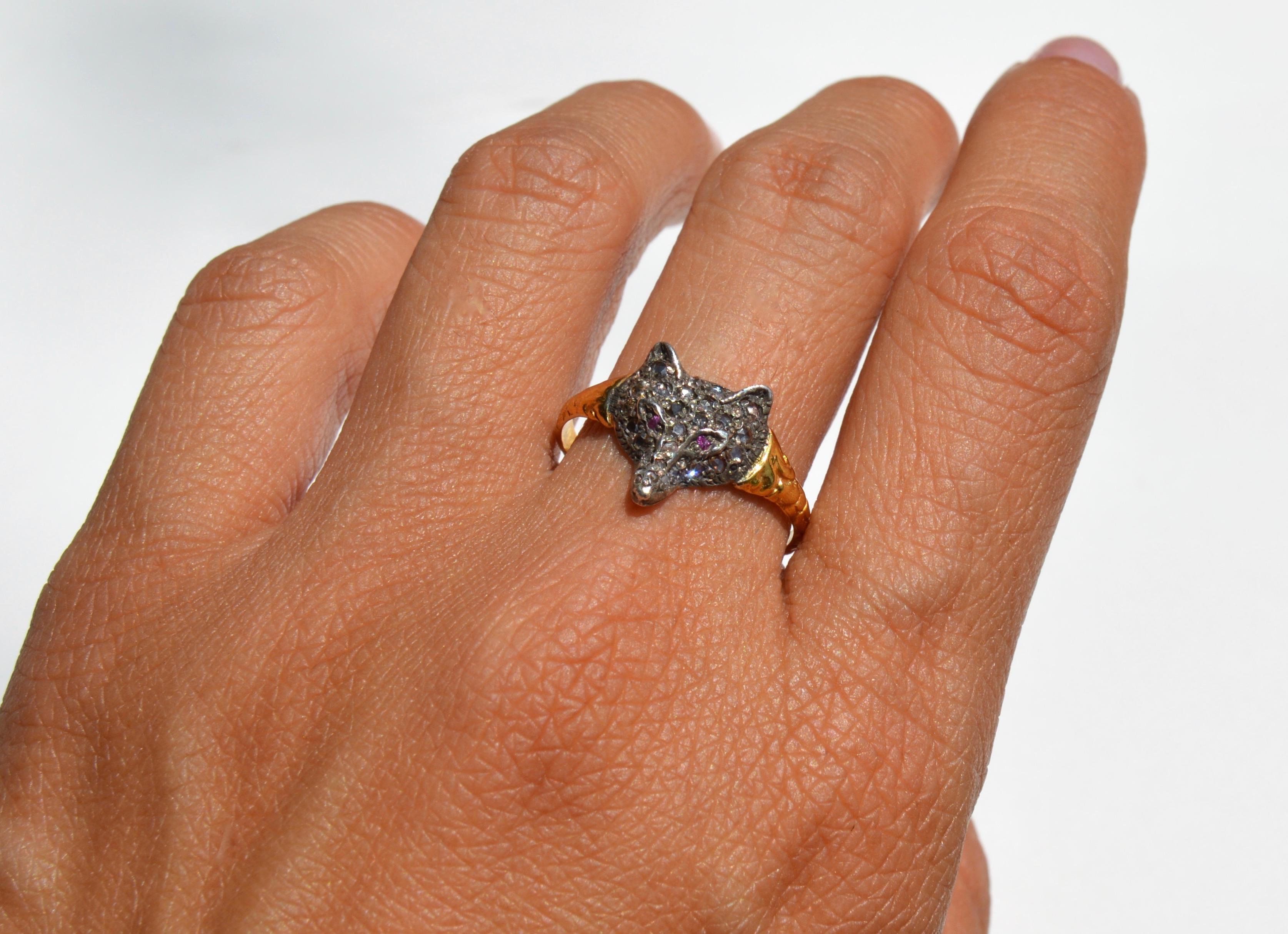 Antique Victorian Era Rosecut Diamond Ruby Fox 18 Karat Gold Ring 2