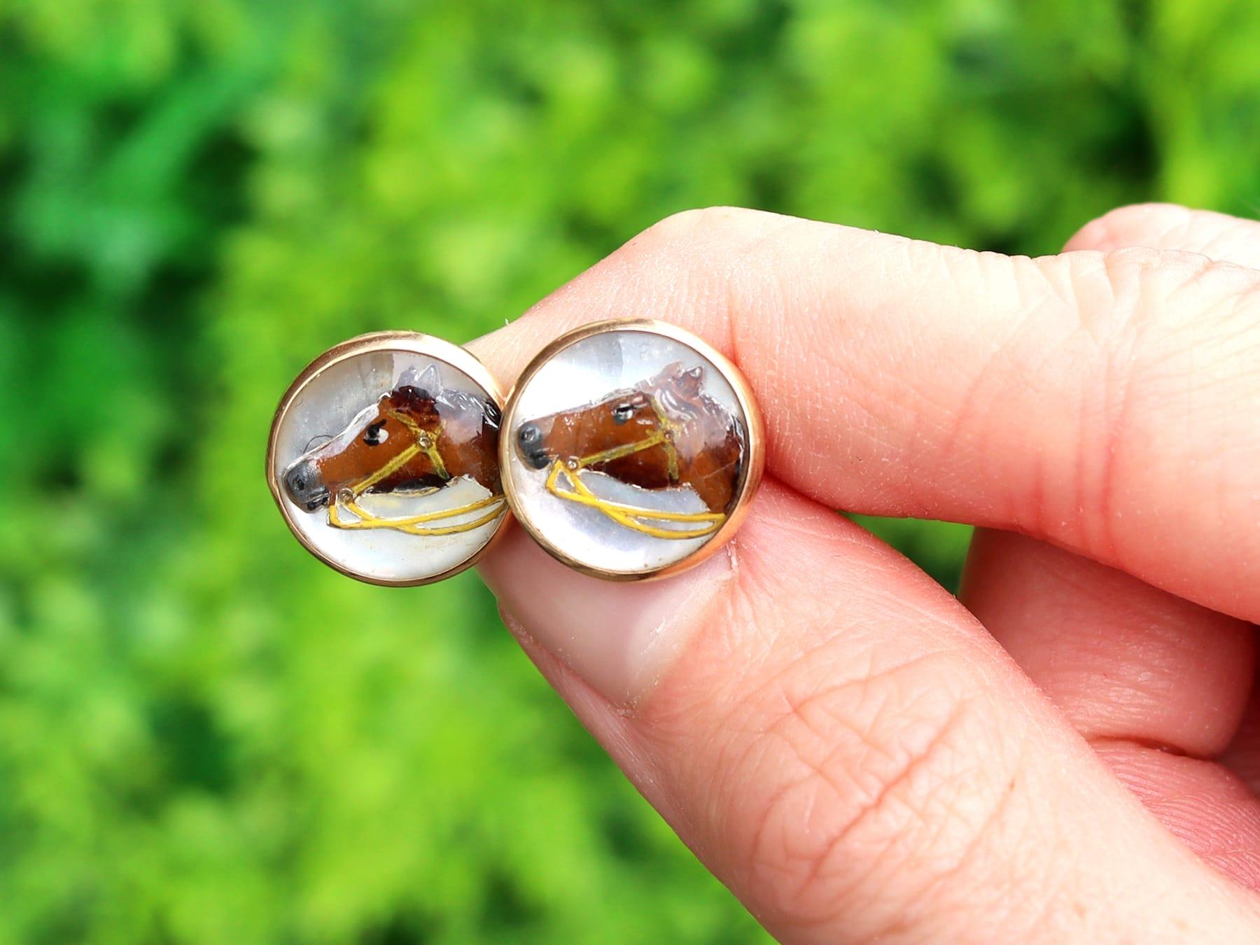 A fine and impressive pair of Victorian Essex crystal and 14 karat yellow gold 'horse head' cufflinks; part of our diverse antique jewelry and estate jewelry collections.

These fine and impressive antique horse head cufflinks have been crafted in