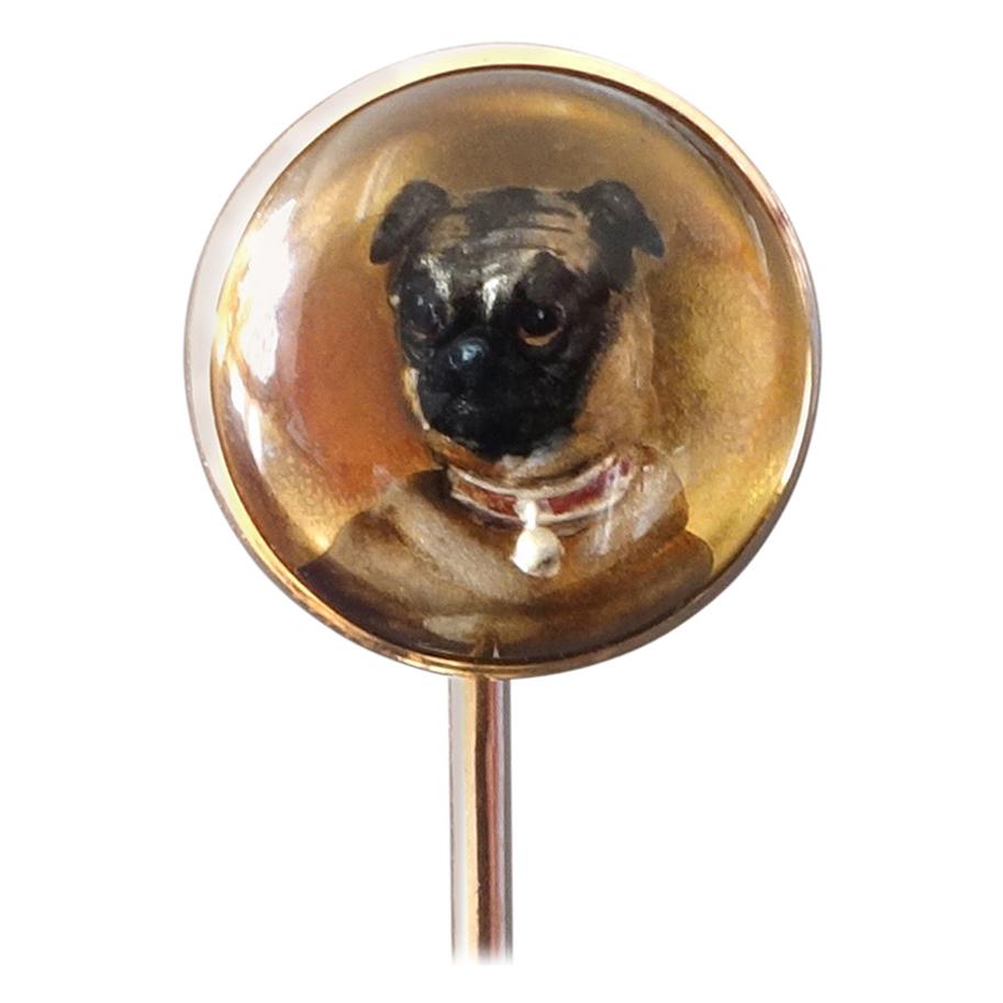 Antique Victorian Essex Crystal Reverse Intaglio Pug Dog Gold Stick Pin, Austria For Sale