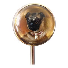Antique Victorian Essex Crystal Reverse Intaglio Pug Dog Gold Stick Pin, Austria