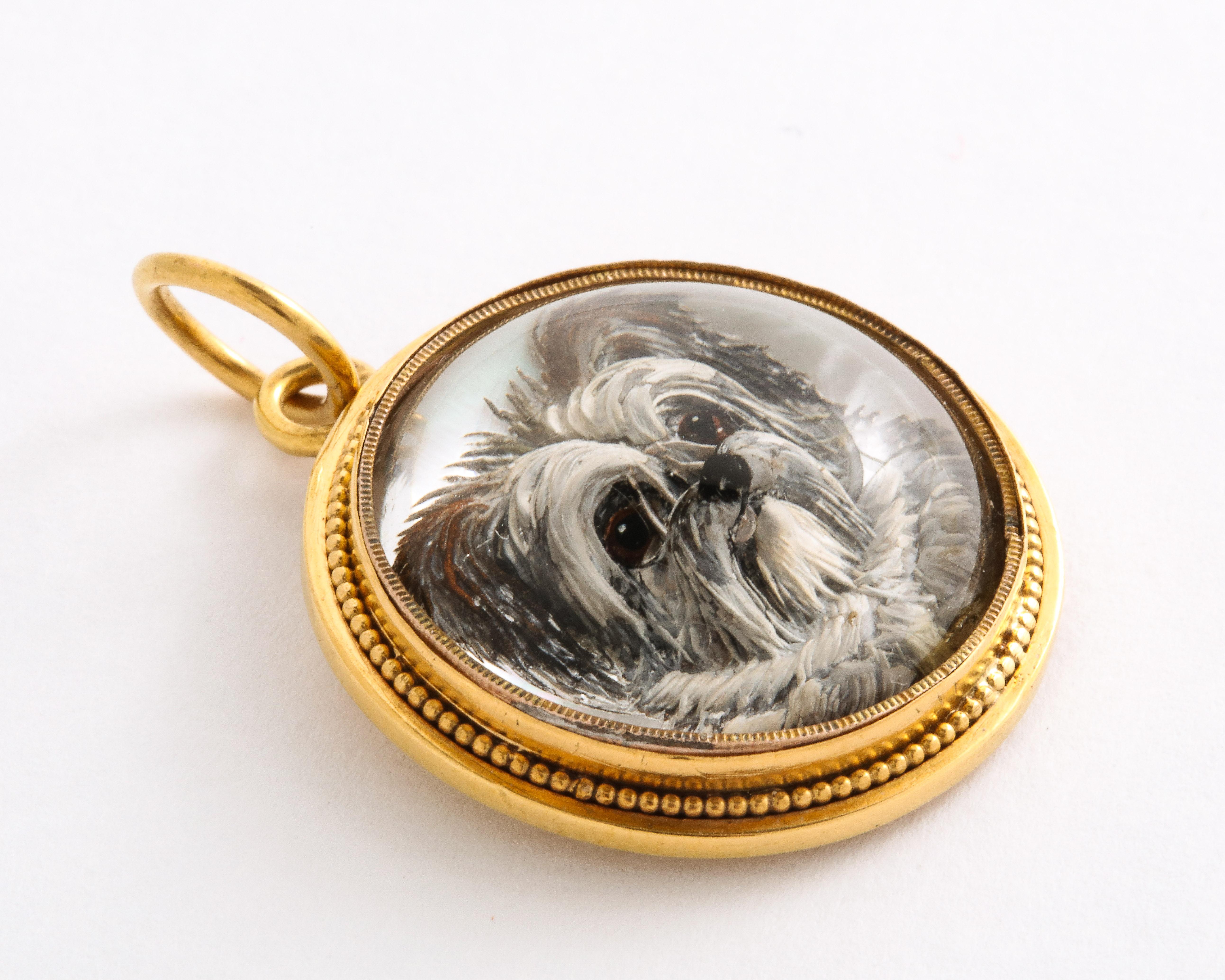 Pendentif Antique Or 18k Avec Cristal D'Essex Tête De Chien - Circa 1900 - Occasion