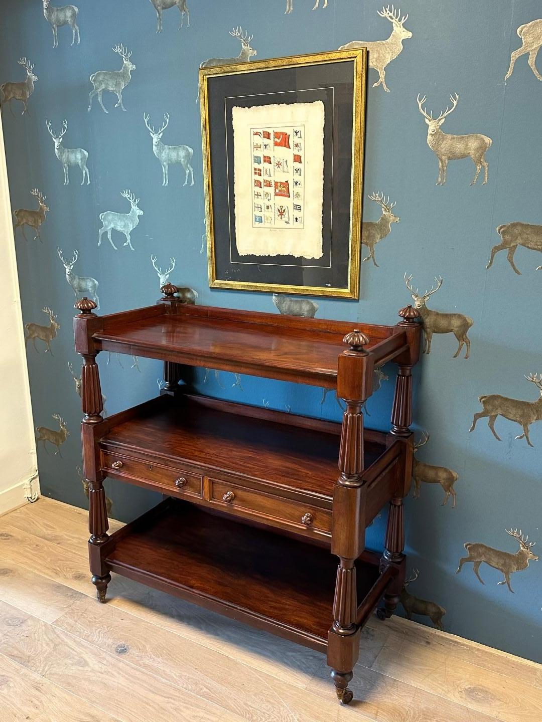 Magnificent antique mahogany etagere from the Victorian period, England. 2 drawers. In mint condition. These pieces of furniture are used for different purposes. For serving food, for books or as a display for special objects. Top quality.