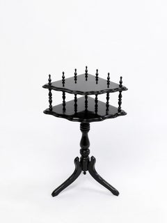 Antique Victorian Etagere Table Black Lacquer Two Tier Pedestal