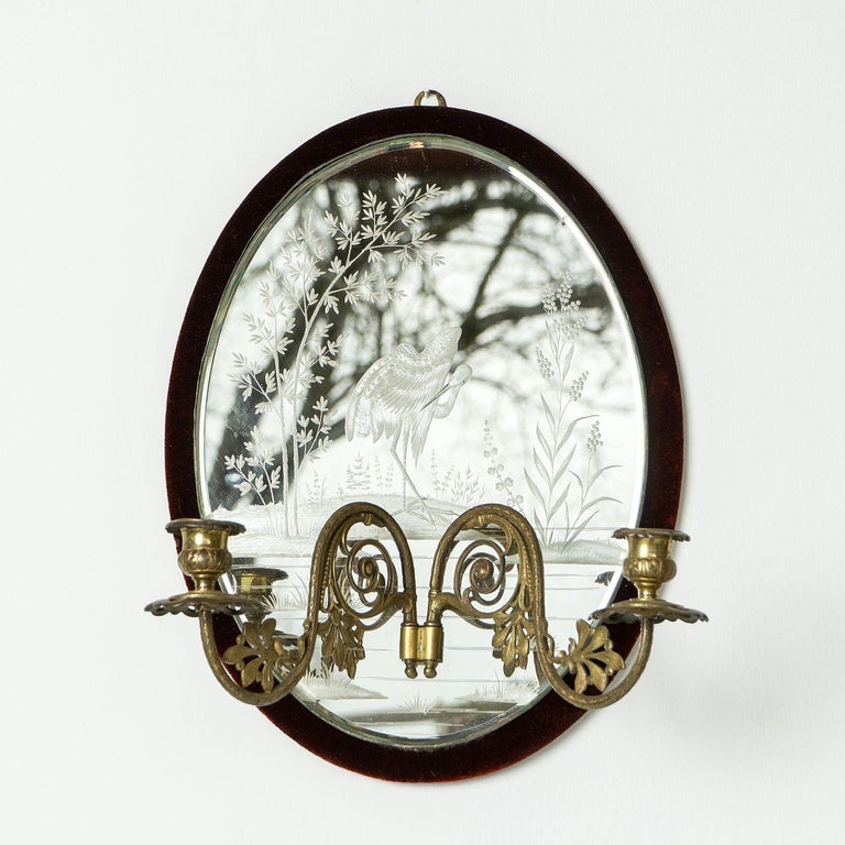 Antique Victorian Etched Girandole Velvet Framed Wall Mirror, 19th ...