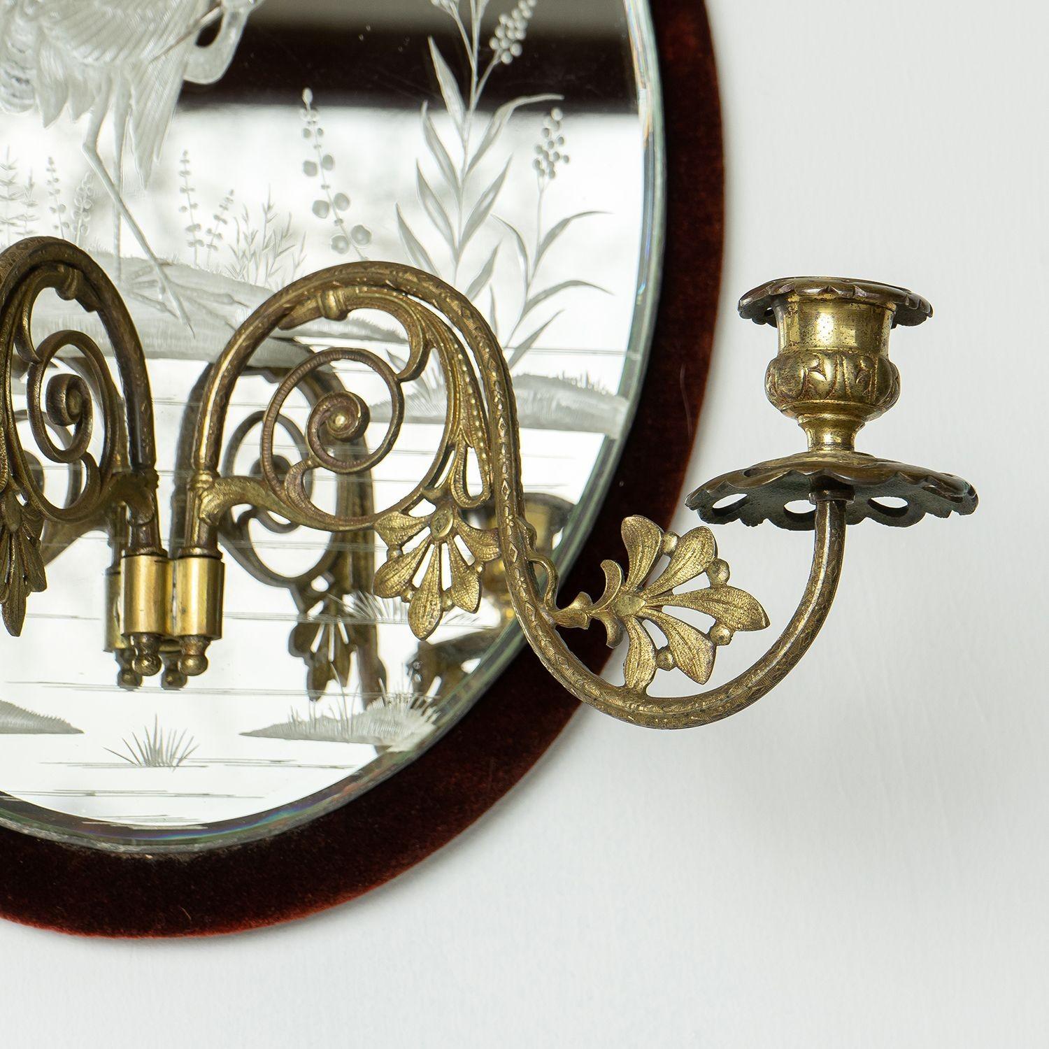Glass Antique Victorian Etched Girandole Velvet Framed Wall Mirror, 1880