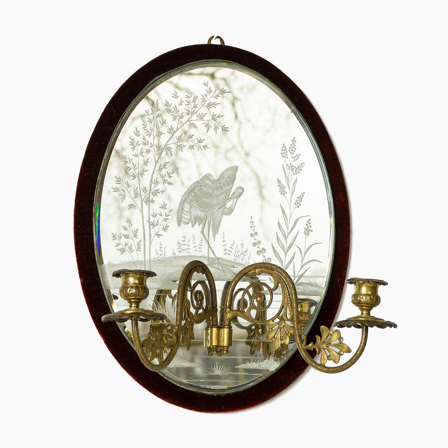 Antique Victorian Etched Girandole Velvet Framed Wall Mirror, 1880 1