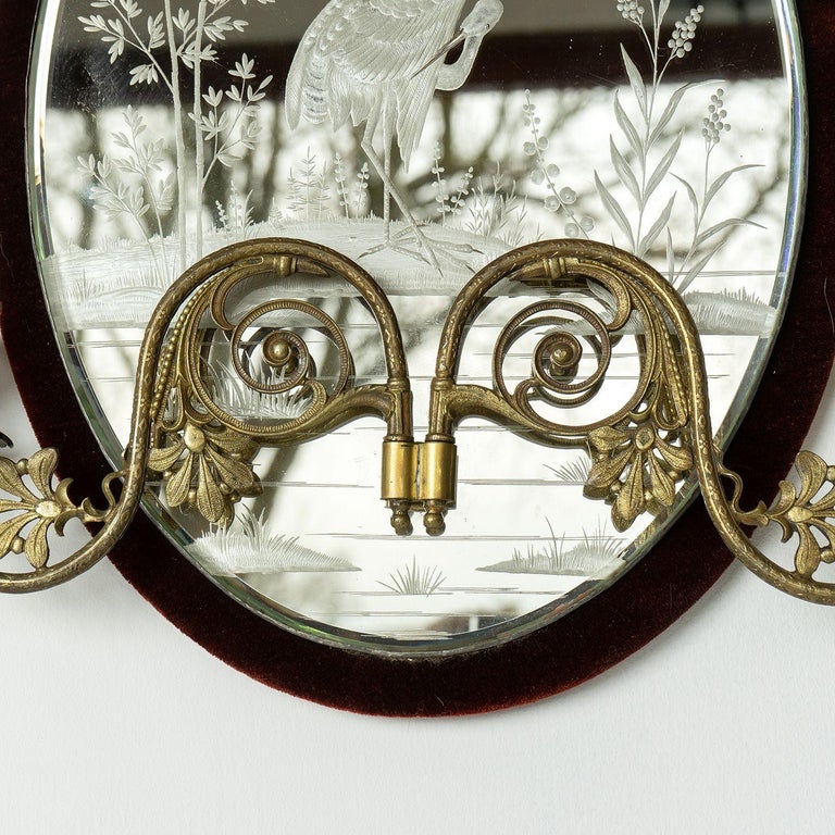 Antique Victorian Etched Girandole Velvet Framed Wall Mirror, 19th
