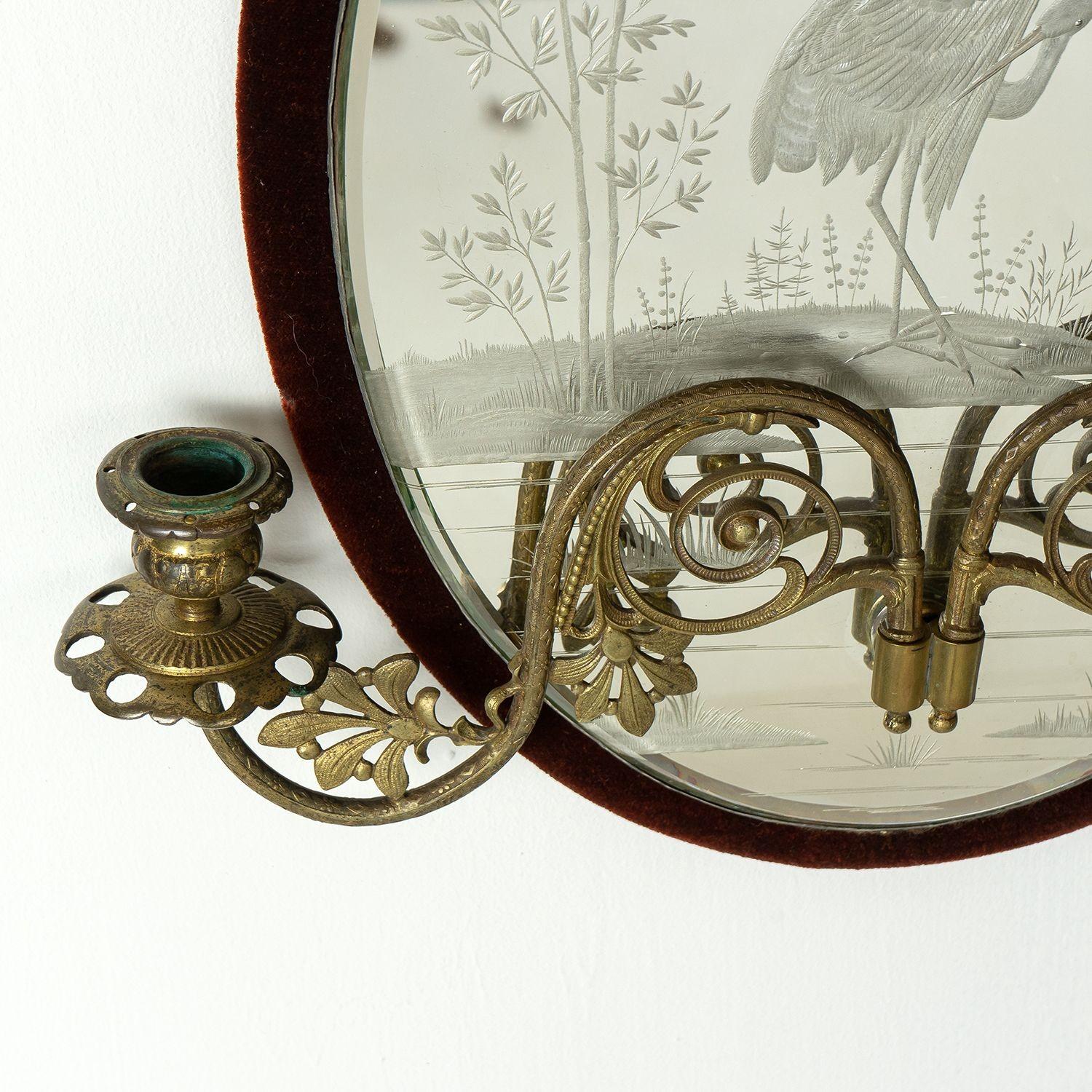 Antique Victorian Etched Girandole Velvet Framed Wall Mirror, 1880 3