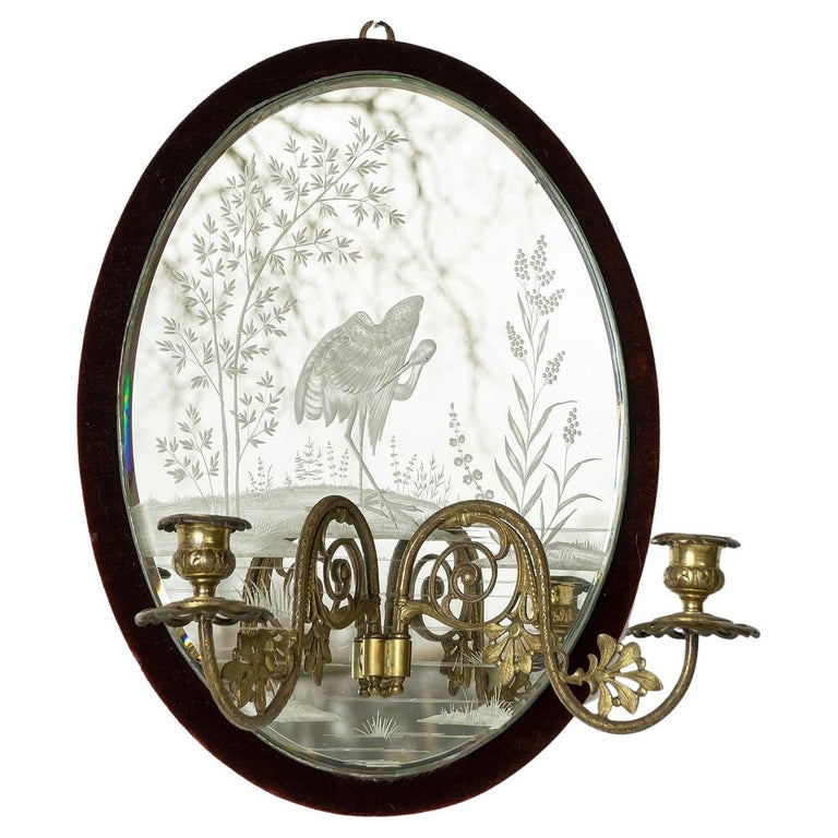 Antique Victorian Etched Girandole Velvet Framed Wall Mirror, 19th ...