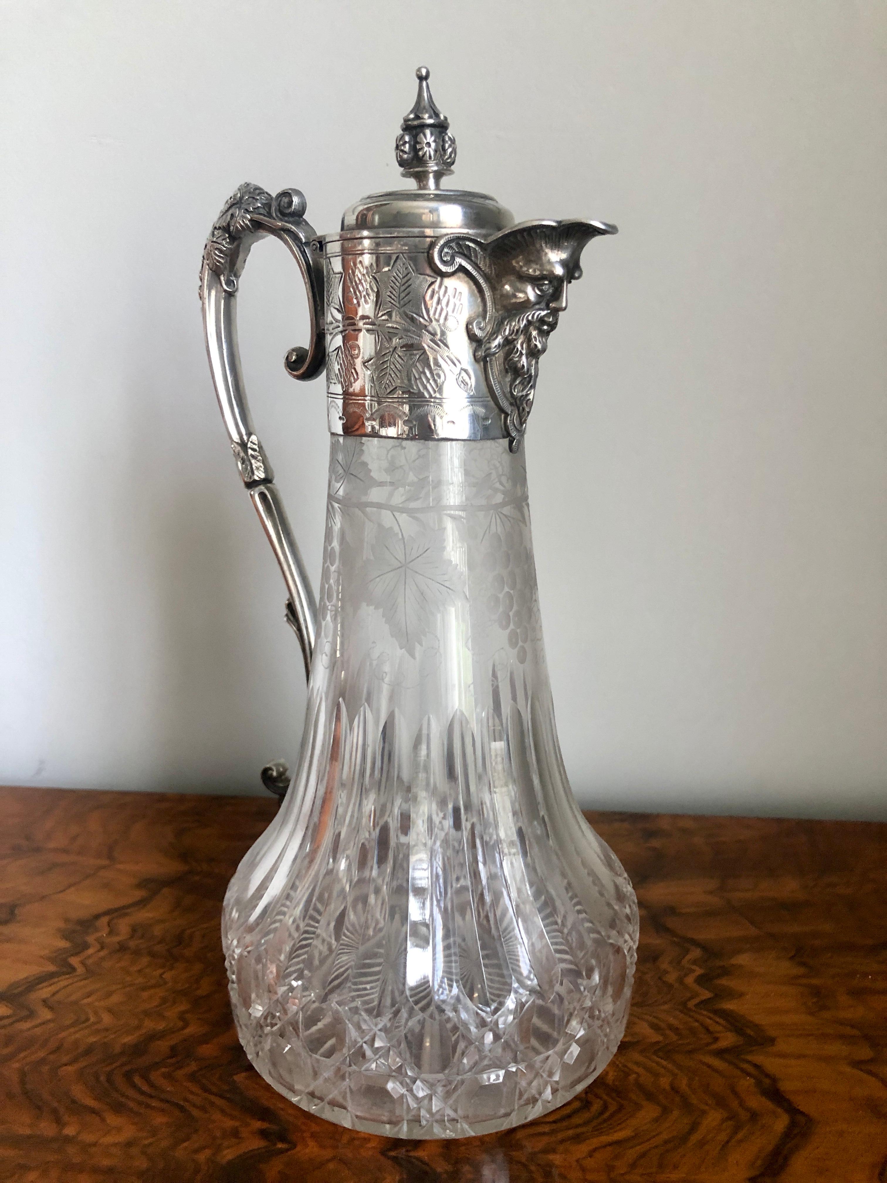 English Antique Victorian Etched Glass and Silver Plated Claret Jug