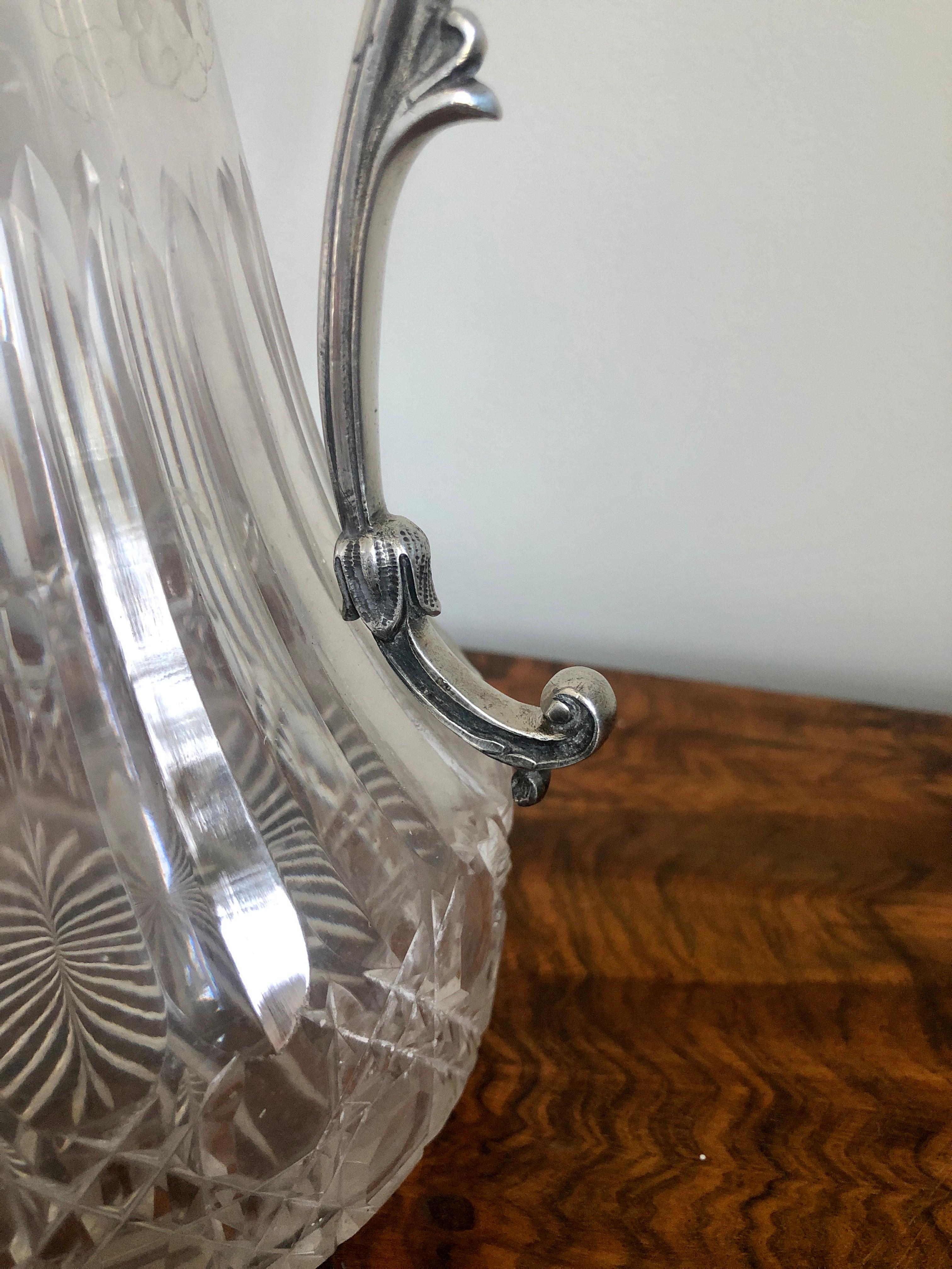 Antique Victorian Etched Glass and Silver Plated Claret Jug 3