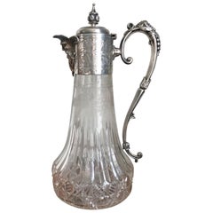 Antique Victorian Etched Glass and Silver Plated Claret Jug