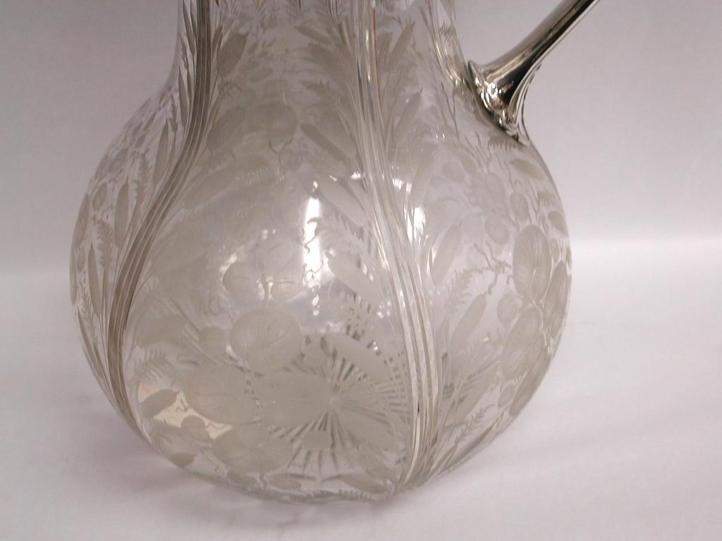English Antique Victorian Etched Glass and Silver Plated Claret Jug, Elkington & Co.