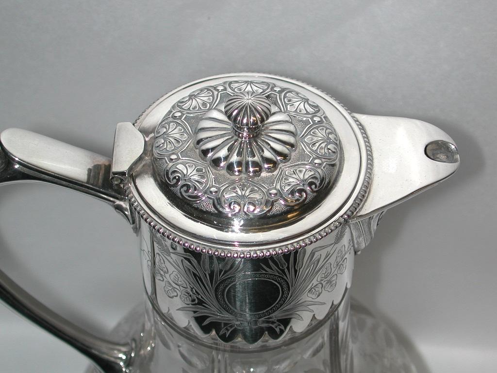 Late 19th Century Antique Victorian Etched Glass and Silver Plated Claret Jug, Elkington & Co.